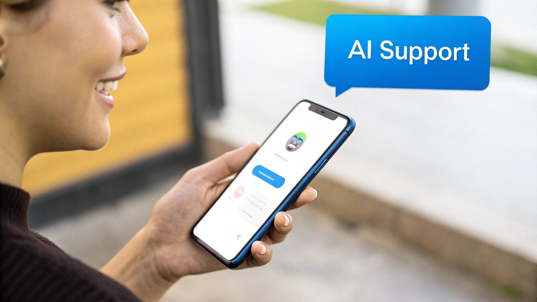 A smiling woman holding a smartphone with an 'AI Support' chat bubble above it.