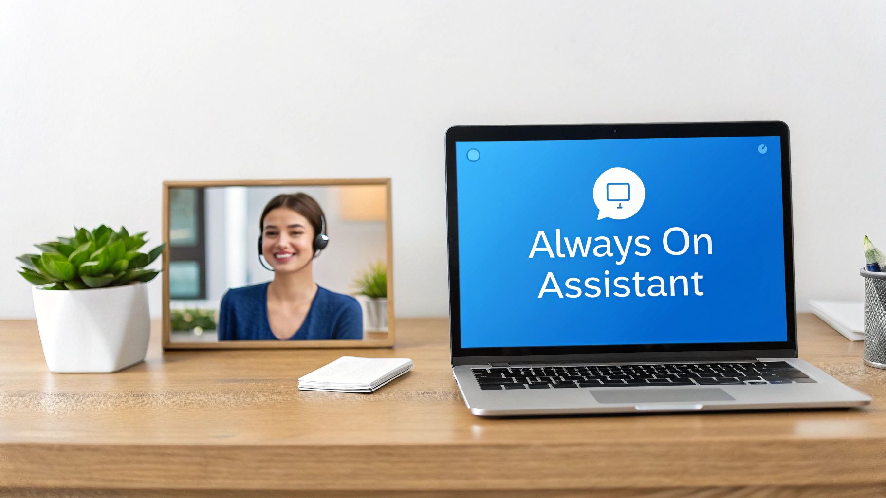 A marketing professional interacts with a chatbot interface on a laptop, surrounded by icons representing different marketing channels like social media, email, and websites.