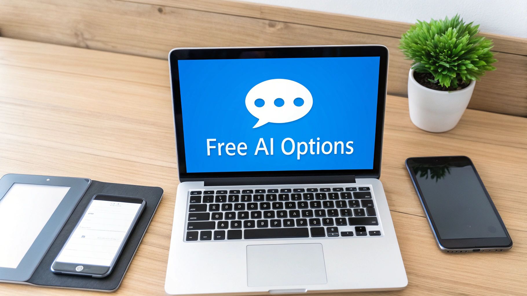 A laptop displays 'Free AI Options' and a speech bubble, surrounded by a tablet and smartphones on a wooden desk.