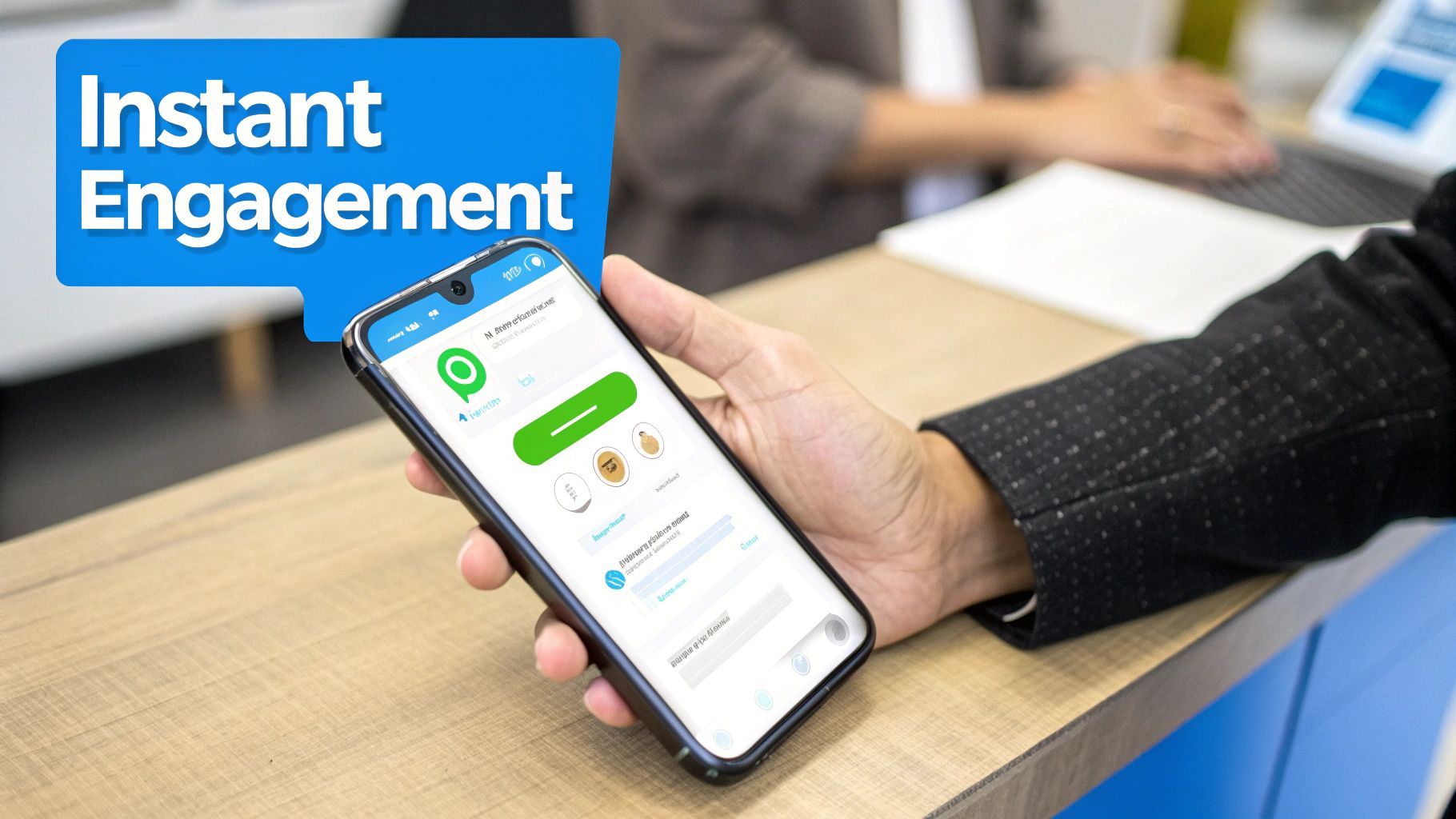 A hand holds a smartphone displaying a messaging app, promoting "Instant Engagement" with a chatbot.