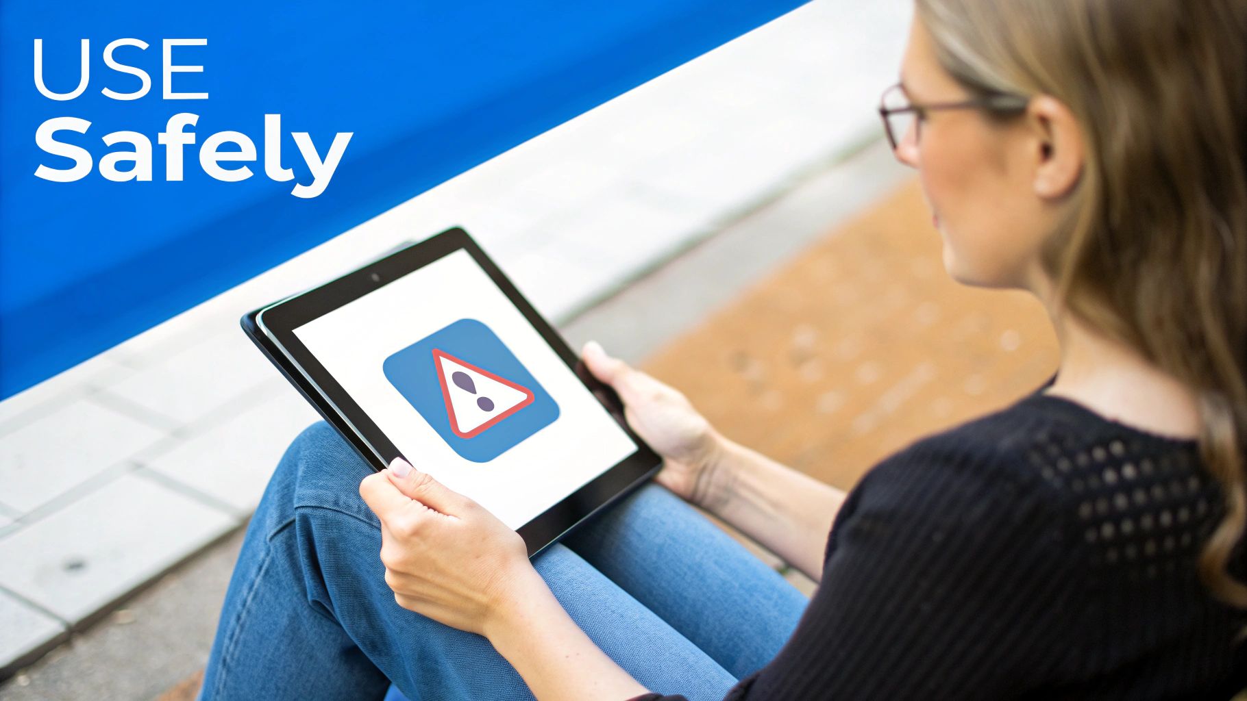 Woman holding a tablet displaying a warning sign icon and a 'USE Safely' text banner.