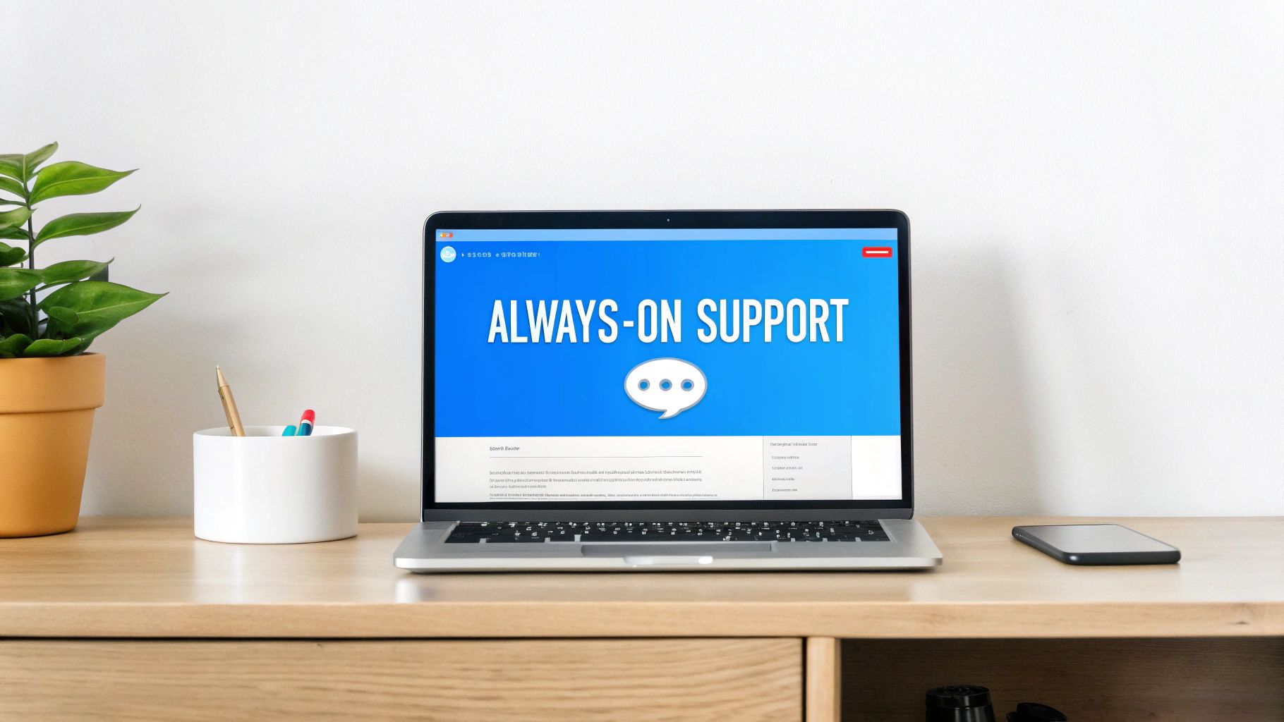 A laptop on a wooden desk displays 'ALWAYS-ON SUPPORT' with a chat bubble icon. A plant and pens are nearby.