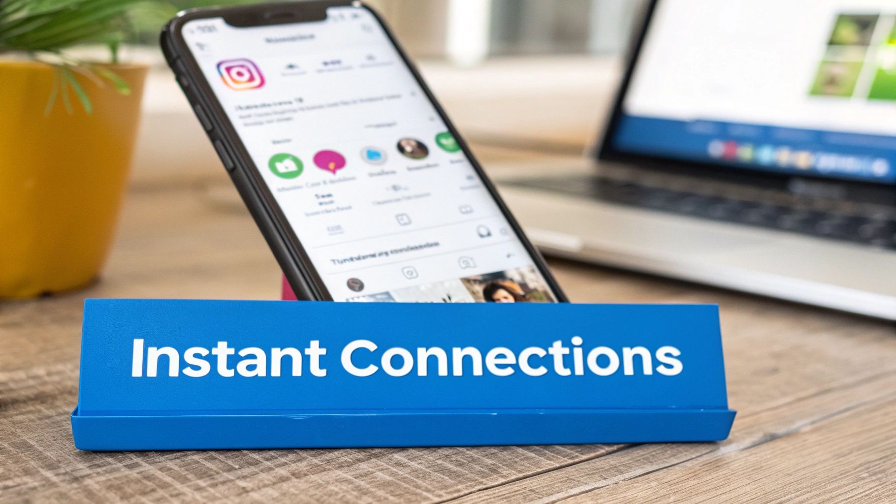 A smartphone showing the Instagram app, placed on a wooden desk next to a blue 'Instant Connections' sign.