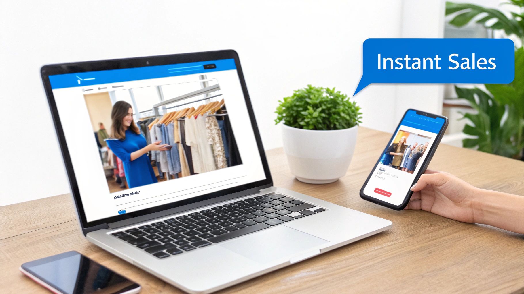 Laptop and smartphone displaying online stores with 'Instant Sales' bubble, symbolizing quick e-commerce transactions.