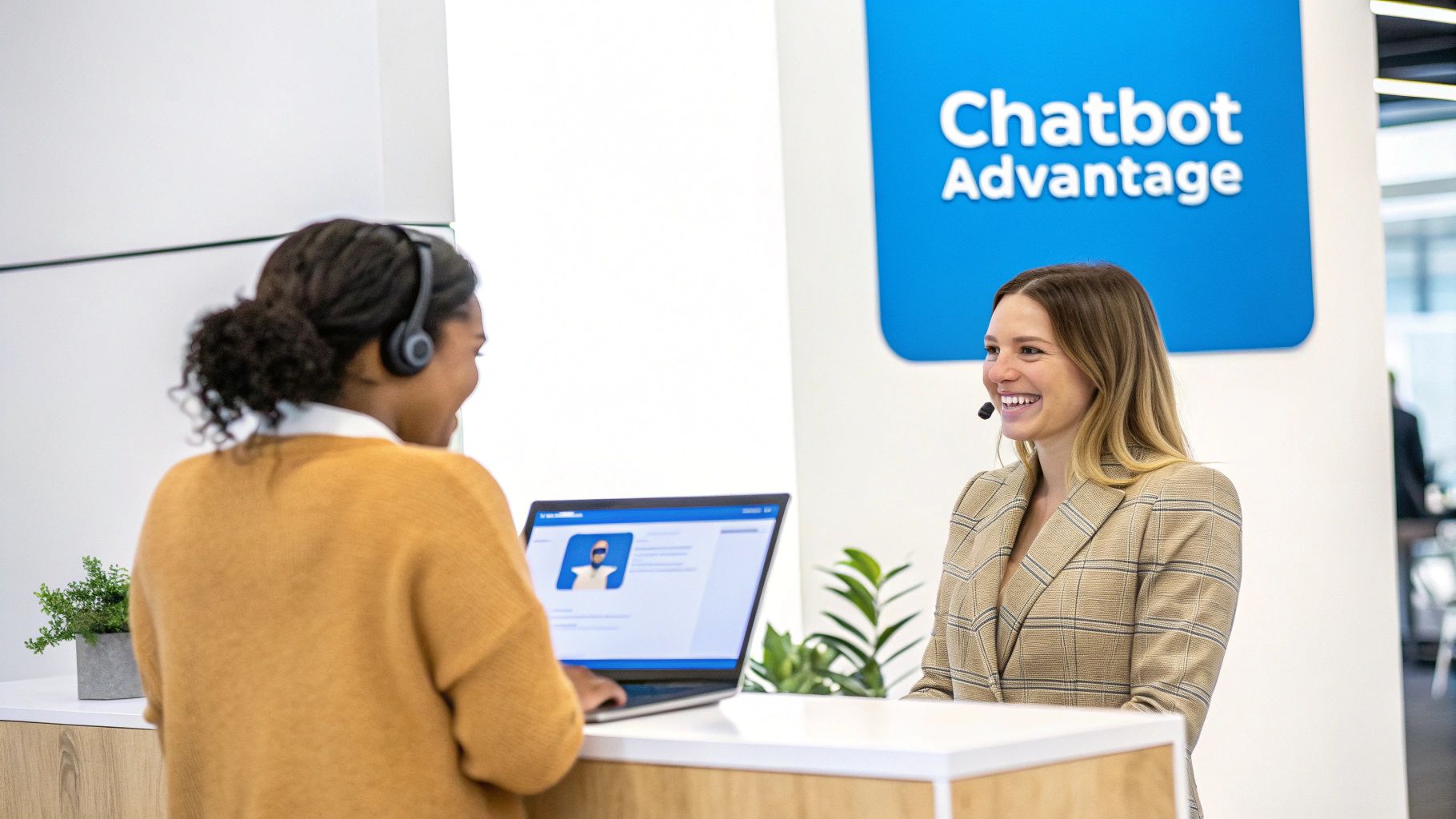 Two women engage in a professional discussion at a desk with a laptop and a 'Chatbot Advantage' sign.