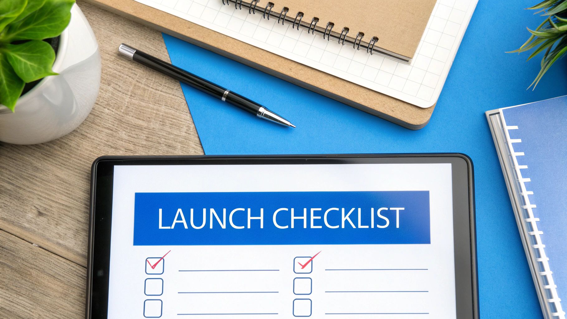 A tablet on a wooden desk displays a 'LAUNCH CHECKLIST' with two checked items, beside a pen and notebooks.