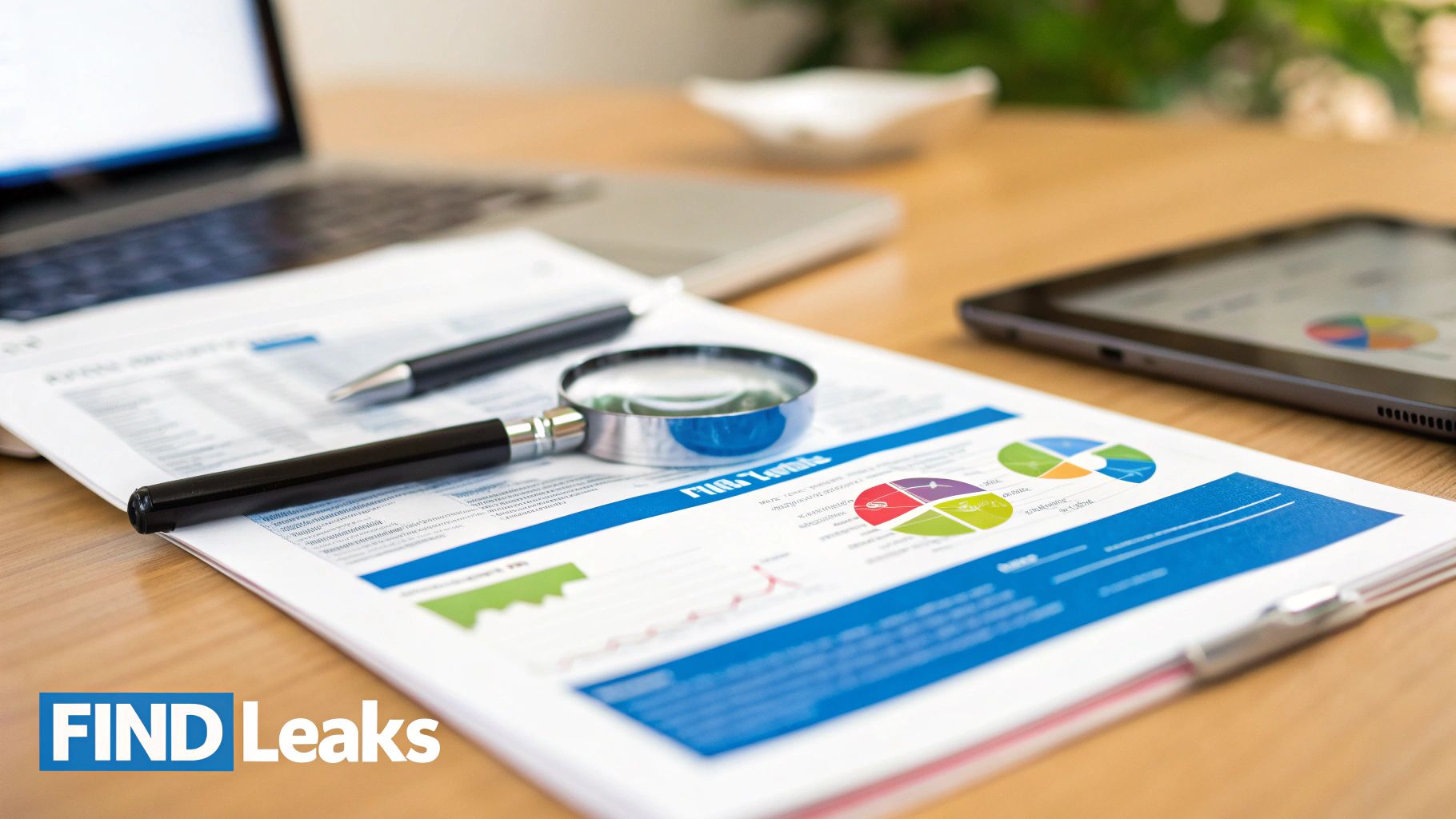 Desk with financial reports, a laptop, tablet, pen, and magnifying glass for data analysis.