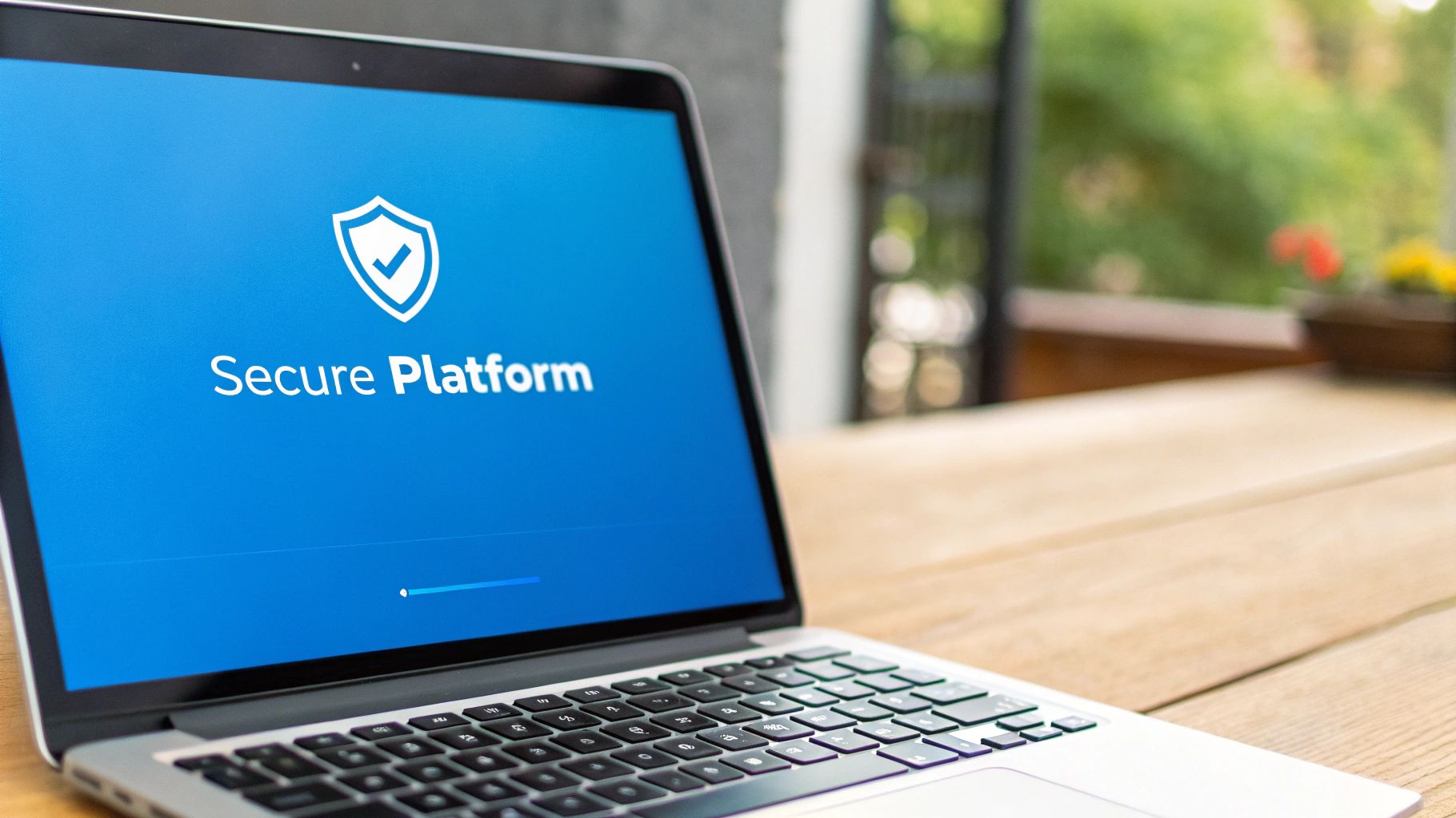 Close-up of a laptop displaying a blue screen with 'Secure Platform' and a shield icon.