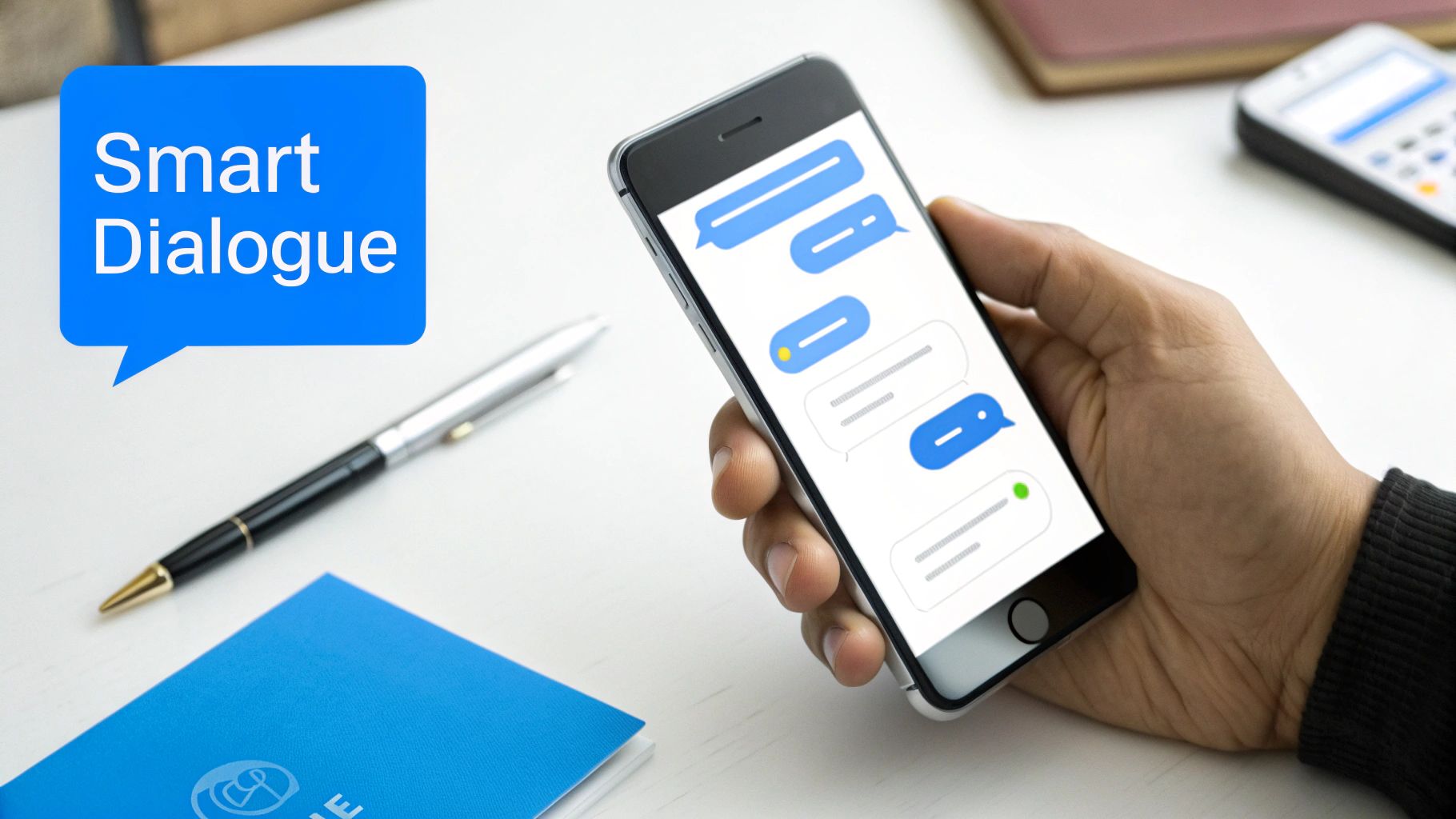 A hand holds a smartphone displaying chat messages, with a blue 'Smart Dialogue' speech bubble.