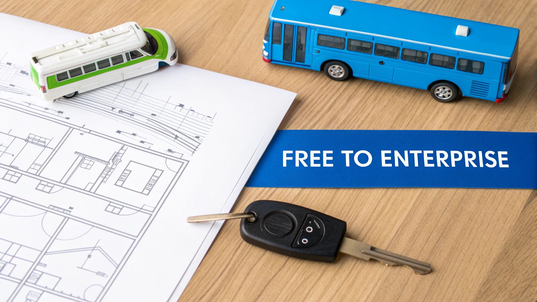 Toy buses, a car key, blueprints, and a banner with 'FREE TO ENTERPRISE' on a wooden desk.
