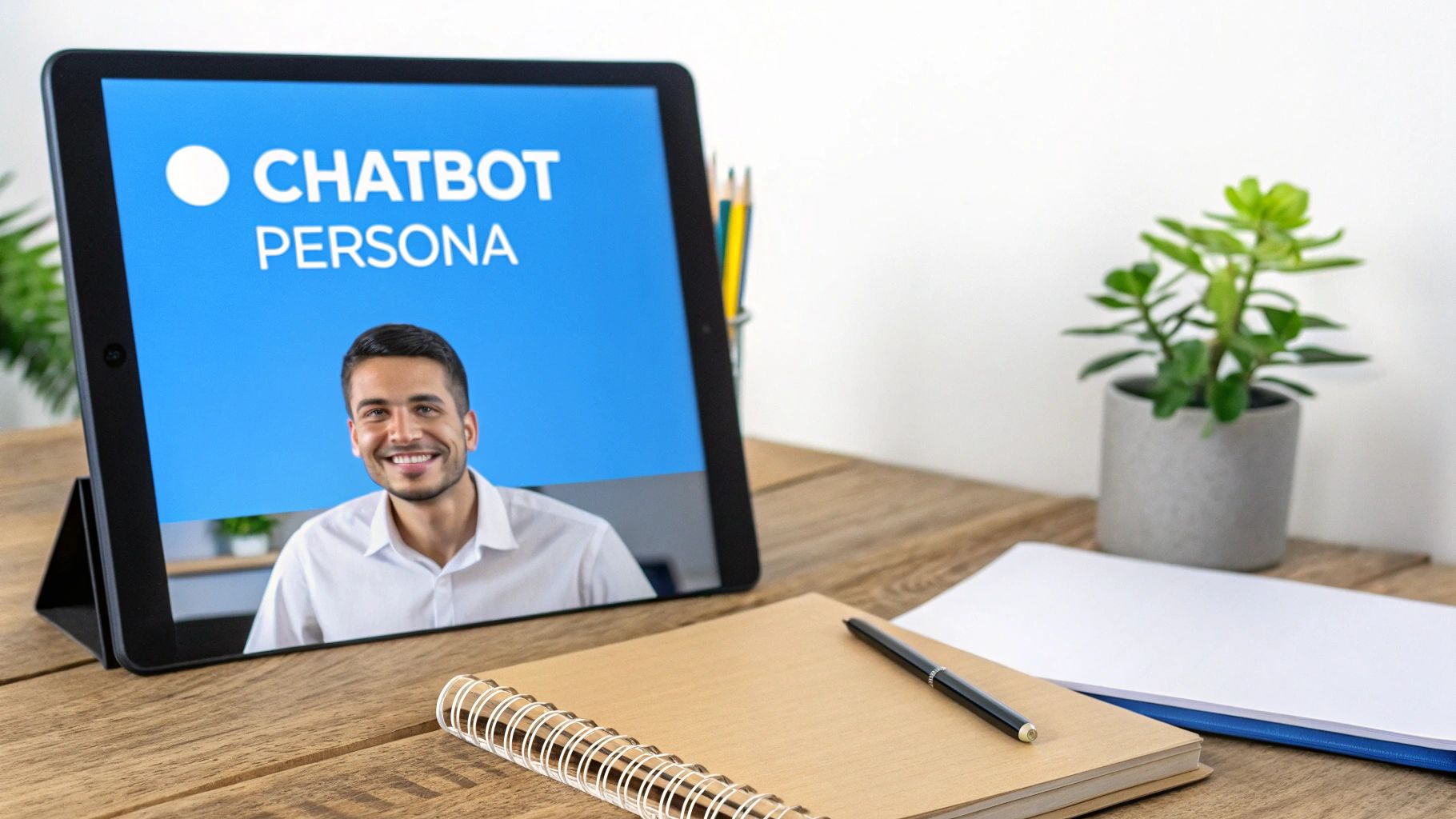 A tablet on a wooden desk displays 'CHATBOT PERSONA' with a smiling man. A notebook and pen are also on the desk.