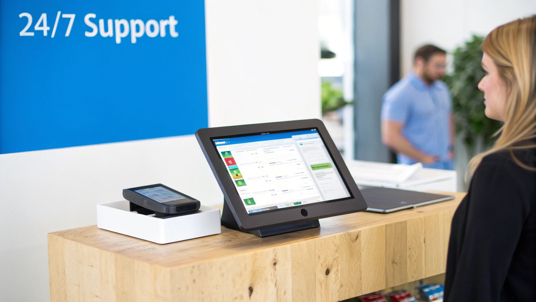 A visual representation of a chatbot working across different business functions like support, sales, and marketing.