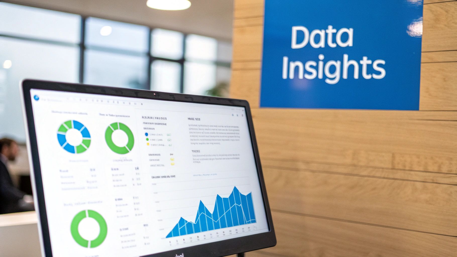 A laptop screen displays various data insights with pie charts and a line graph in an office.
