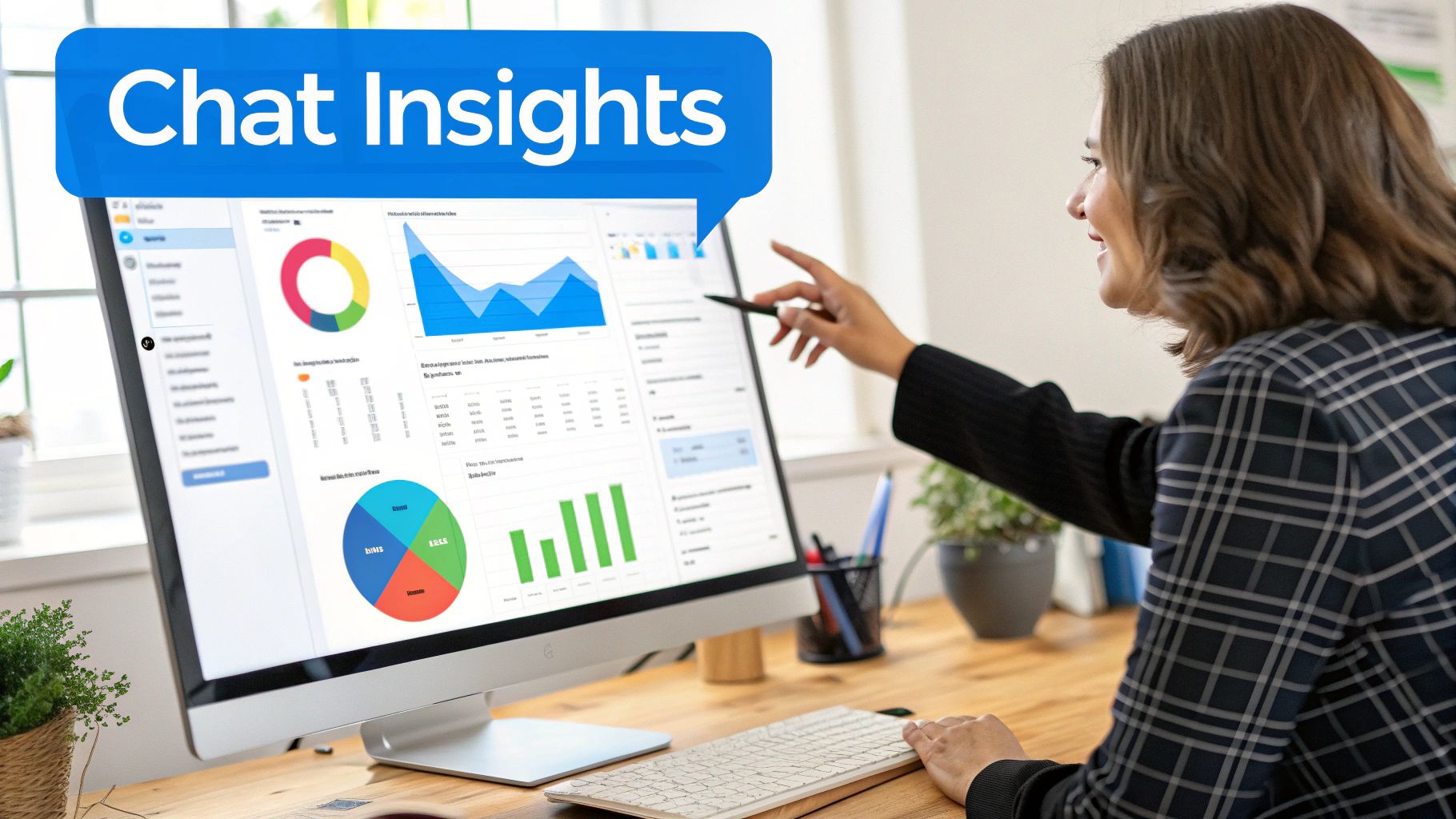Woman pointing at a computer screen displaying a 'Chat Insights' dashboard with charts and graphs.