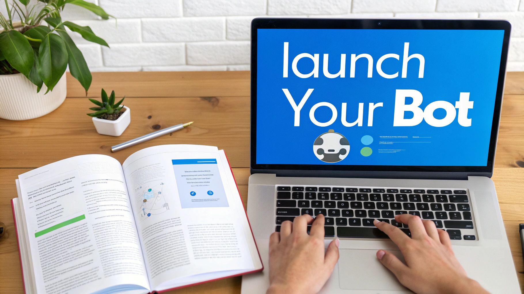 A person types on a laptop displaying 'Launch Your Bot', with an open book and plants on a wooden desk.