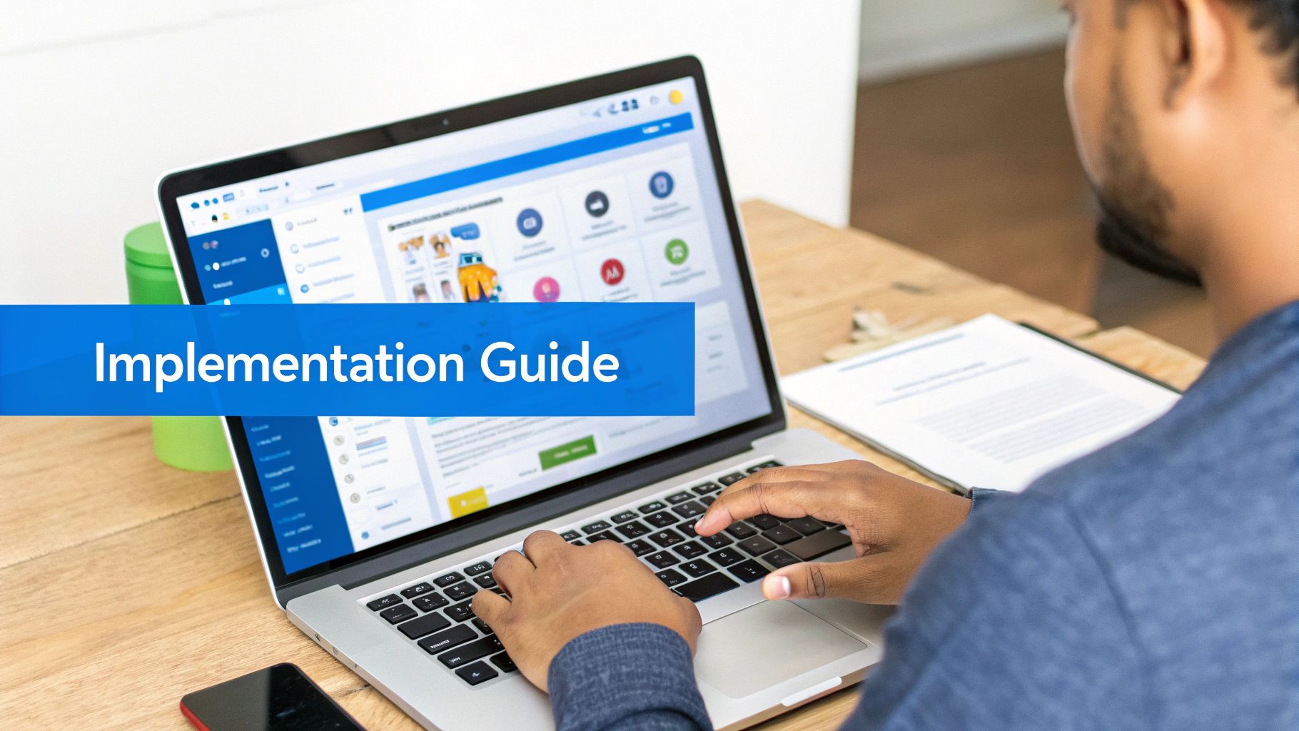 A person uses a laptop displaying an interface with an 'Implementation Guide' banner, working at a wooden desk.