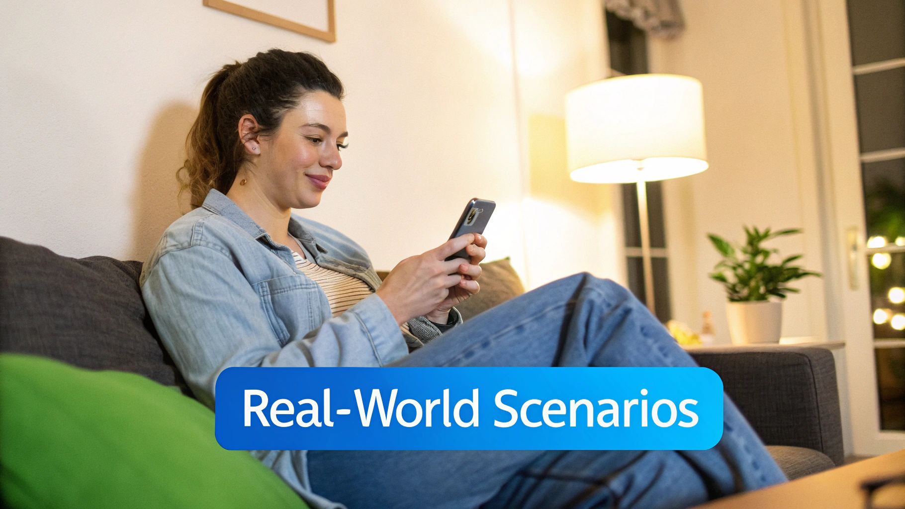 A smiling woman in a denim shirt sits on a couch, engaging with her smartphone.