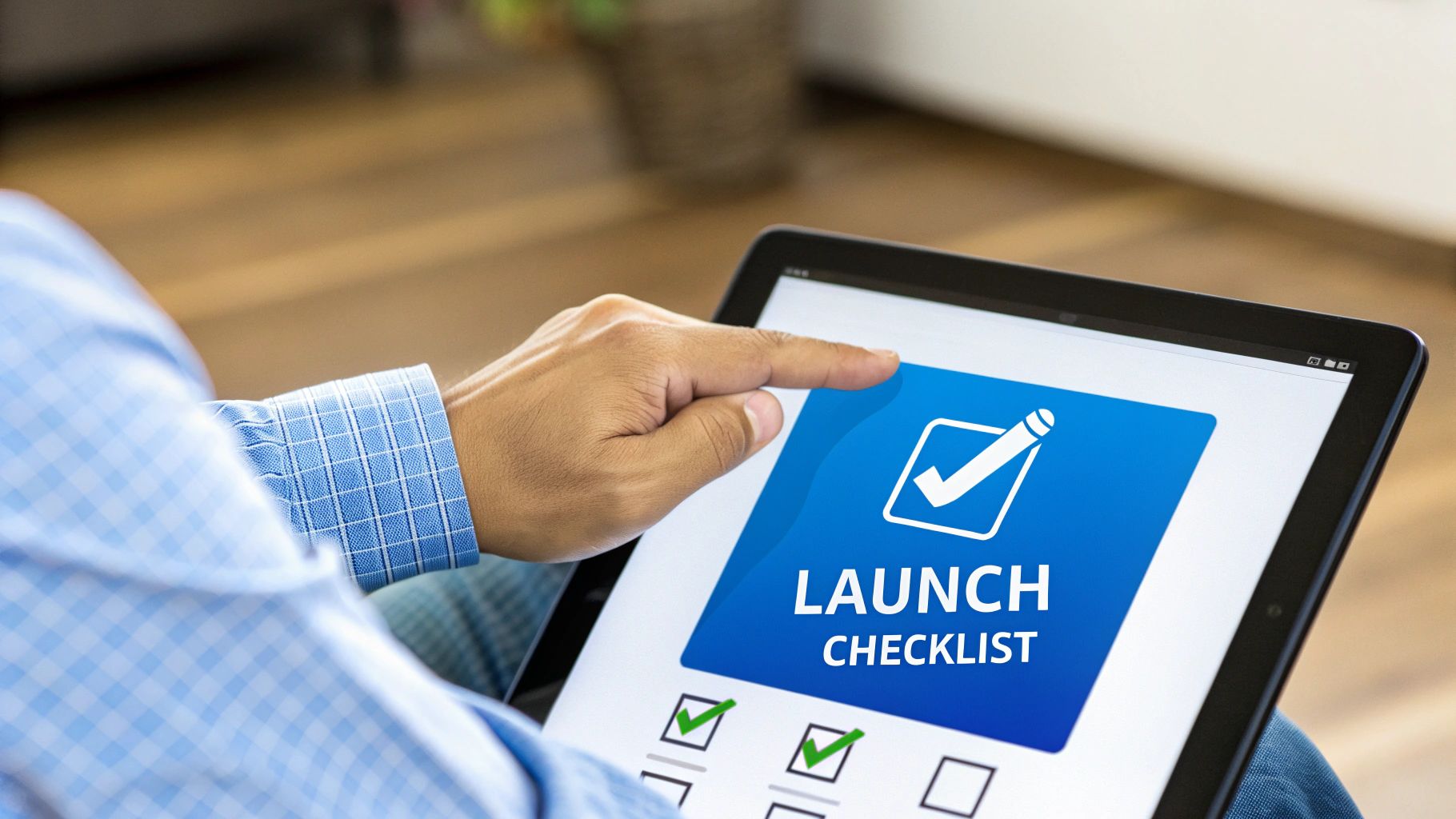 A person's hand taps a tablet displaying a "LAUNCH CHECKLIST" with completed tasks.
