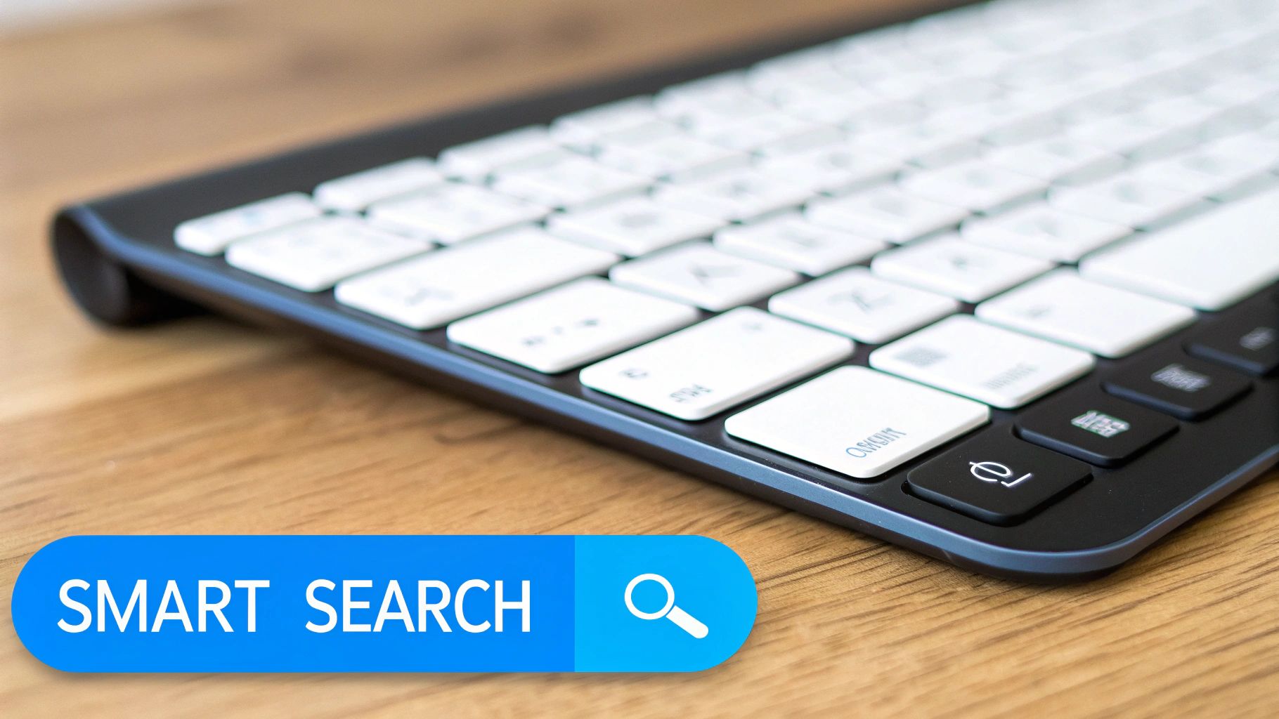 A close-up shot of a modern computer keyboard on a wooden desk with a 'SMART SEARCH' bar overlay.