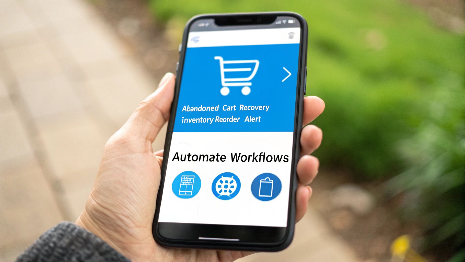 A hand holds a smartphone showing e-commerce automation for abandoned cart recovery and inventory alerts.
