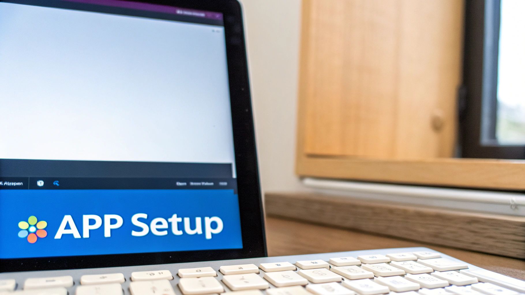 Close-up of a laptop screen displaying 'APP Setup' with a vibrant logo on a blue banner.