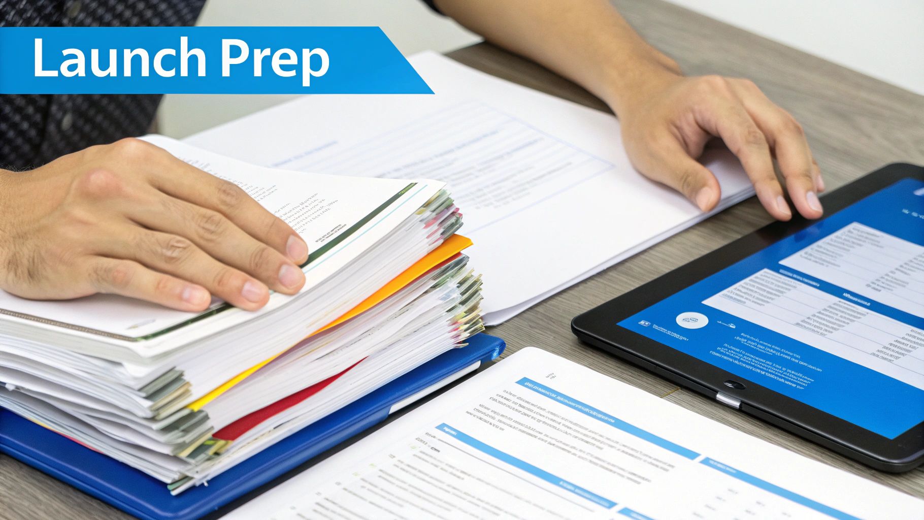 Close-up of hands on a desk with stacks of documents, a tablet, and 'Launch Prep' text.