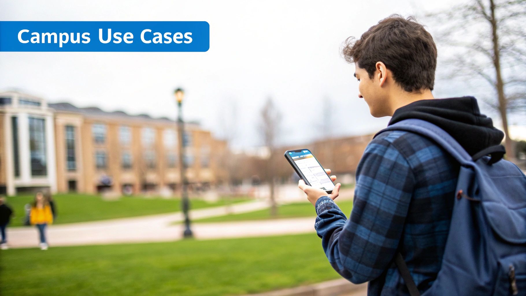 A young student holding a smartphone on a college campus with academic buildings in the background.