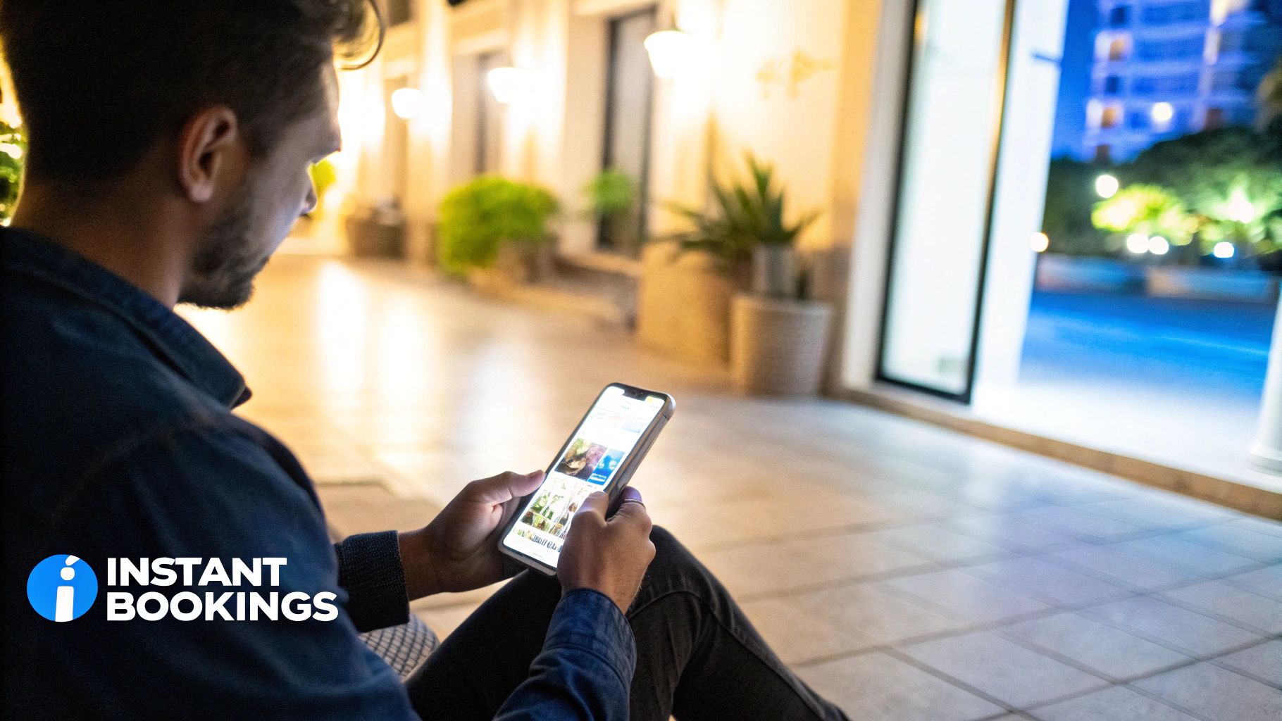 A man browses a booking app on his smartphone at night, with blurred city lights.
