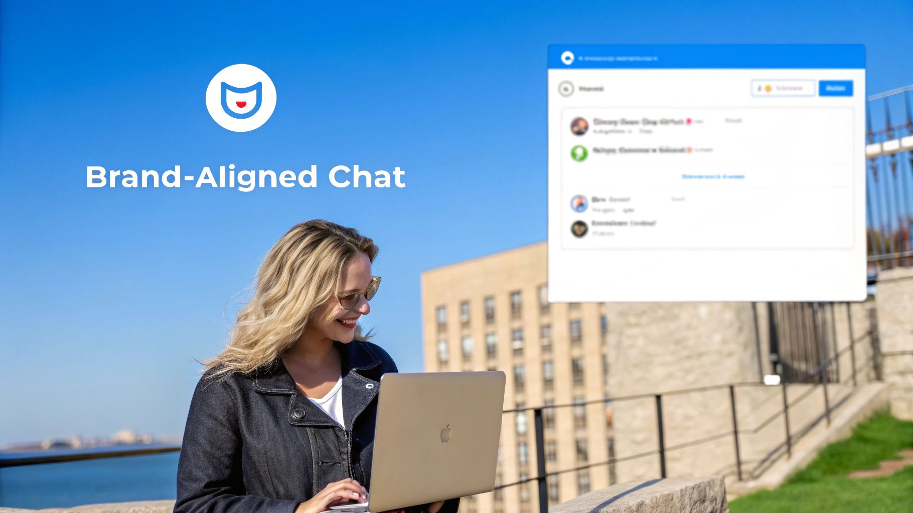 A chatbot widget being customized with a brand's logo and color palette on a computer screen.