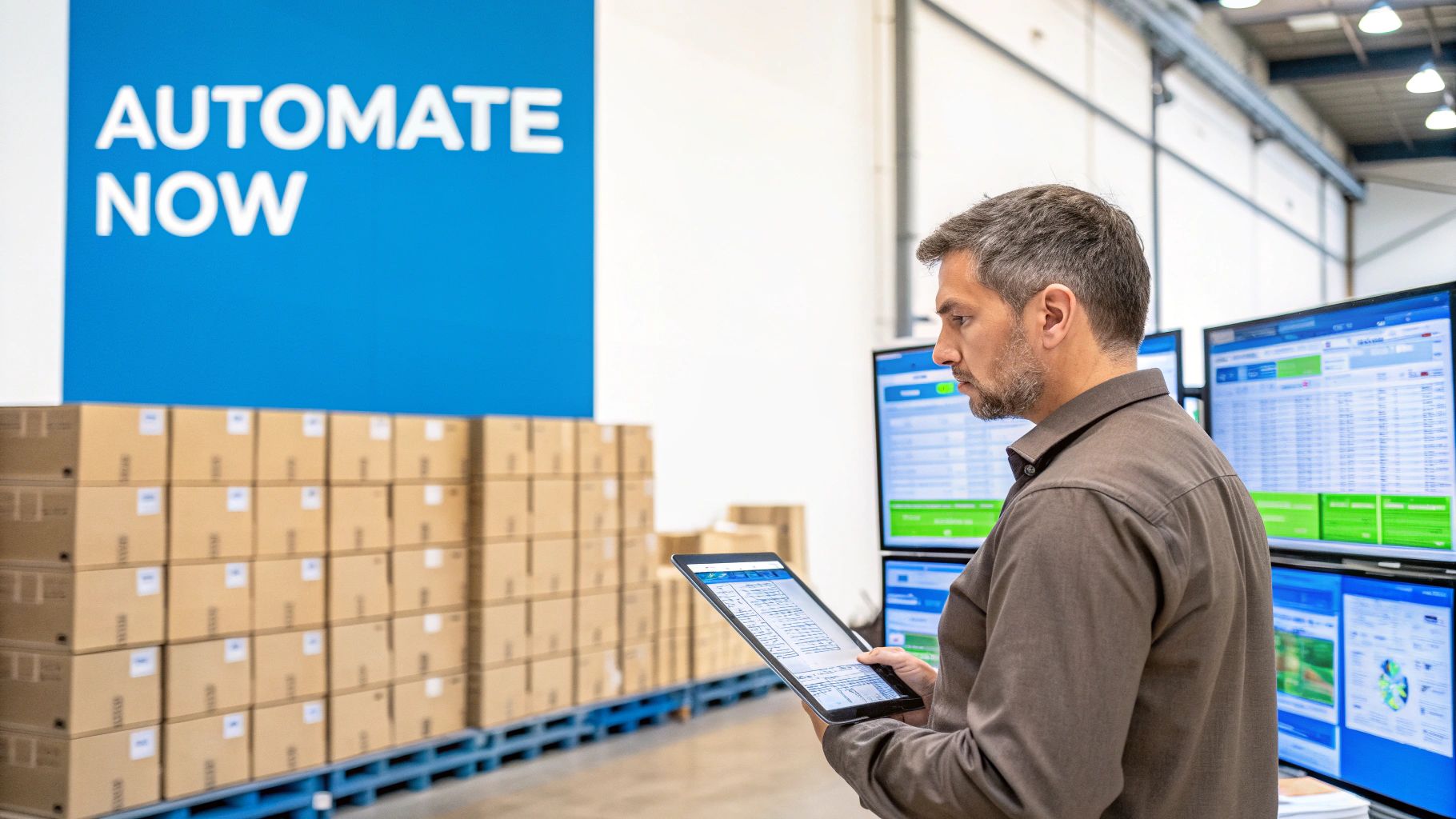 A man uses a tablet in a modern warehouse with a large 'AUTOMATE NOW' sign and data monitors.