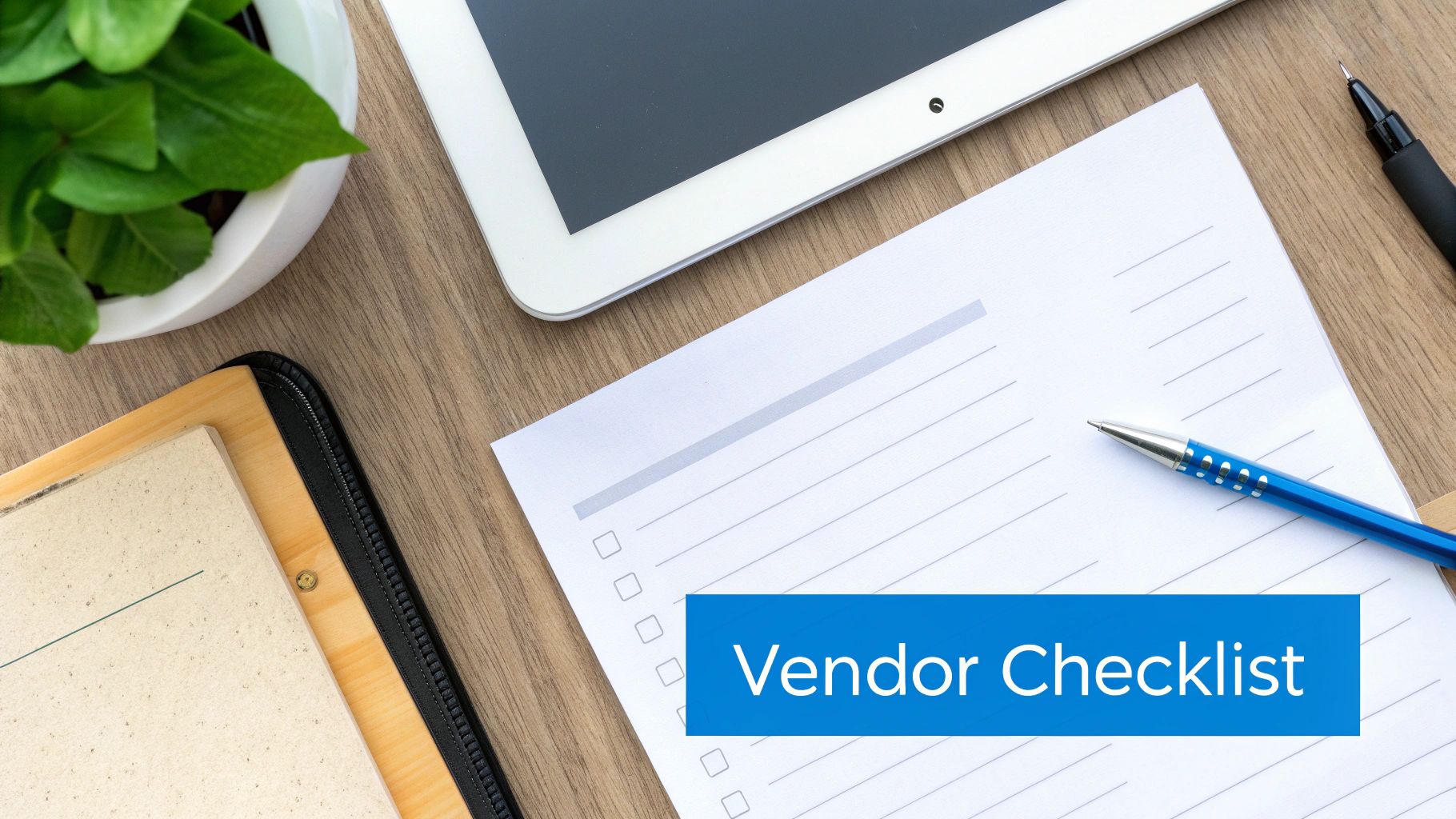 Overhead view of a wooden desk with a plant, tablet, and a 'Vendor Checklist' document with a blue pen.