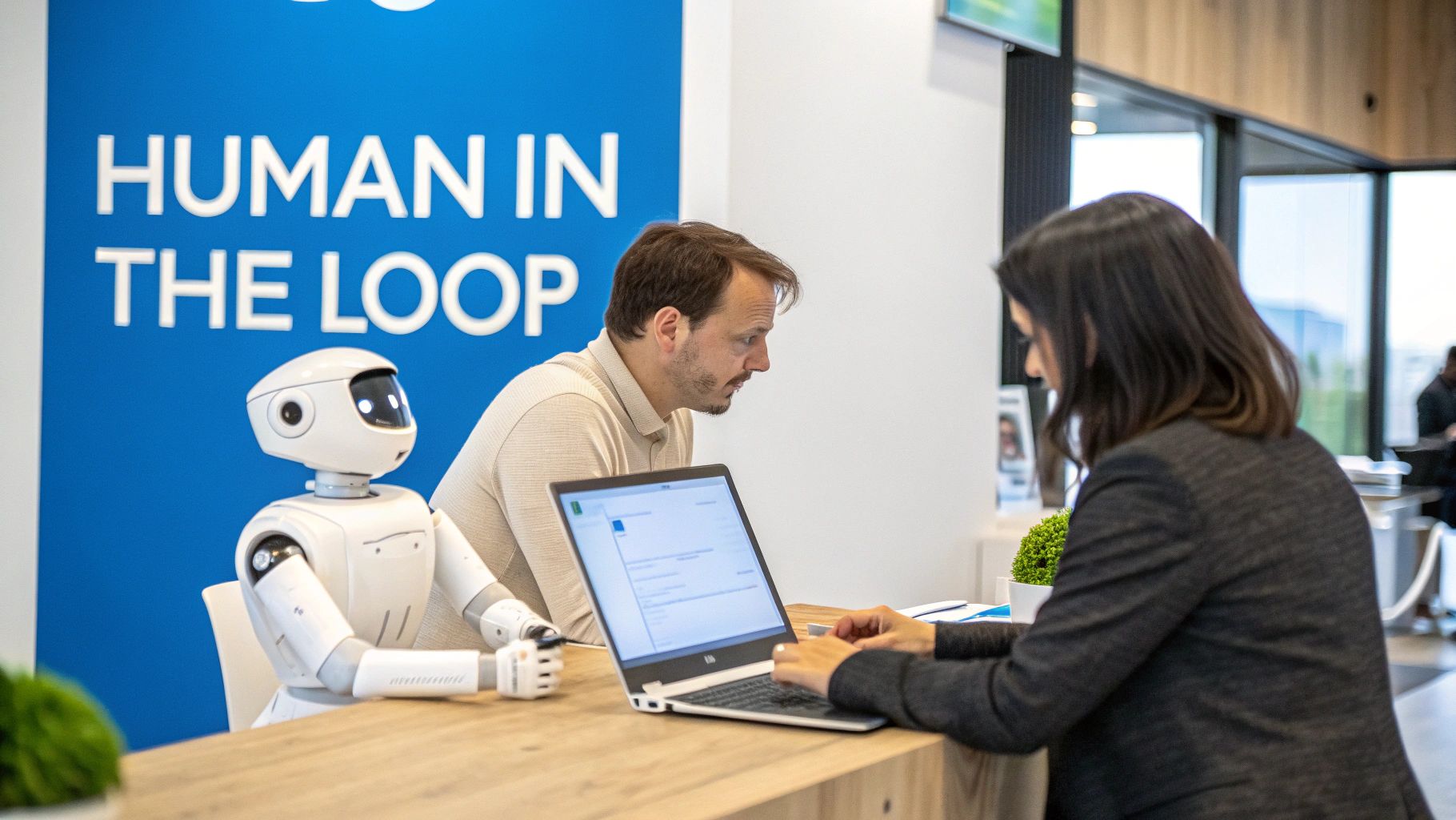 Woman and man collaborating with a white robot at a desk, laptop visible, with a 'HUMAN IN THE LOOP' sign.