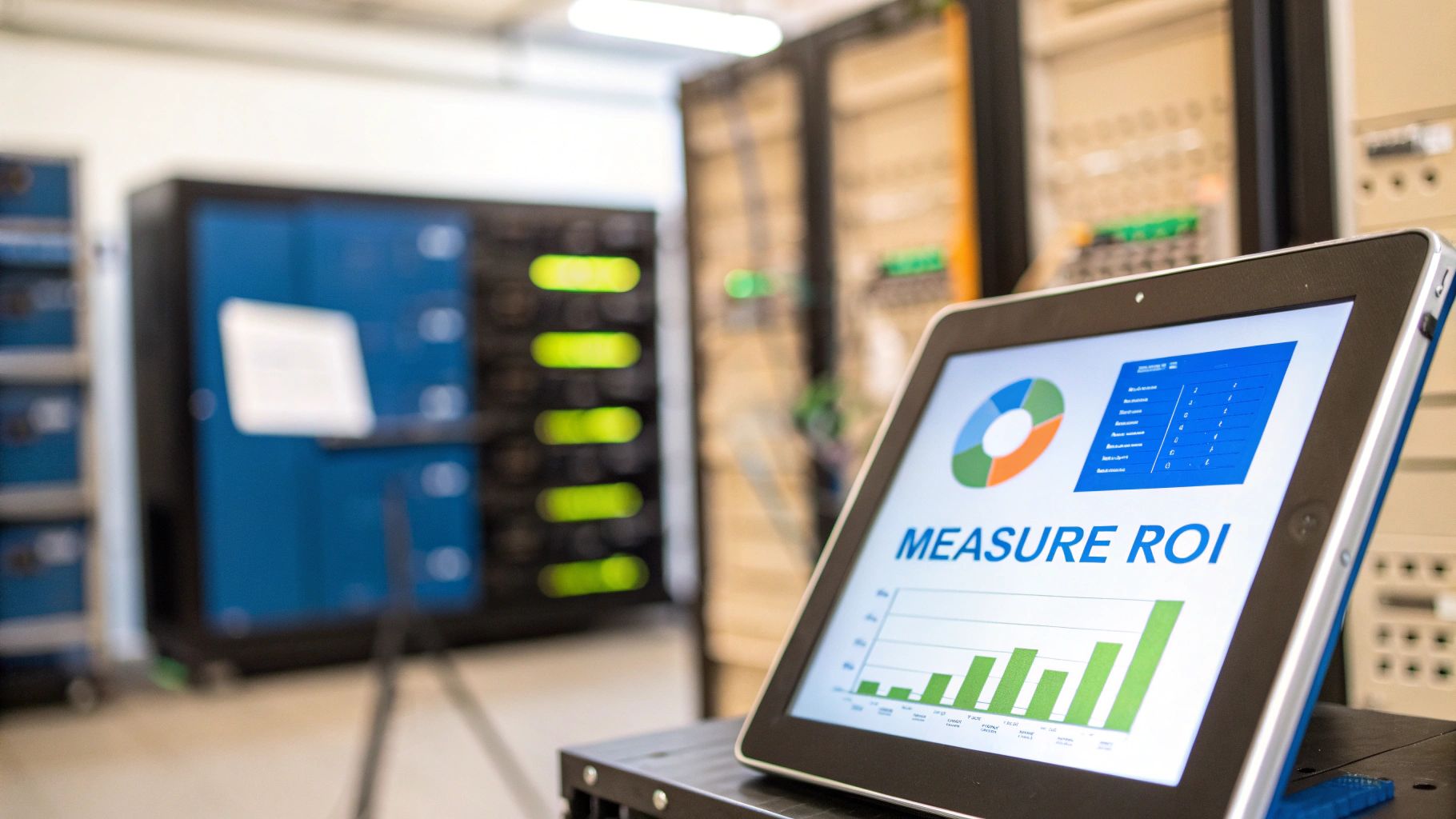 A tablet in a server room displays "MEASURE ROI" with data charts, symbolizing business analytics.