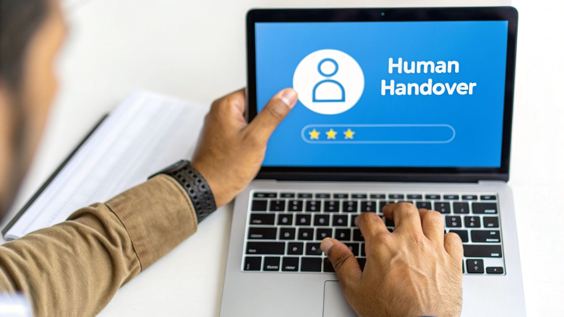 A person's hands interact with a laptop screen showing "Human Handover" and a three-star rating.