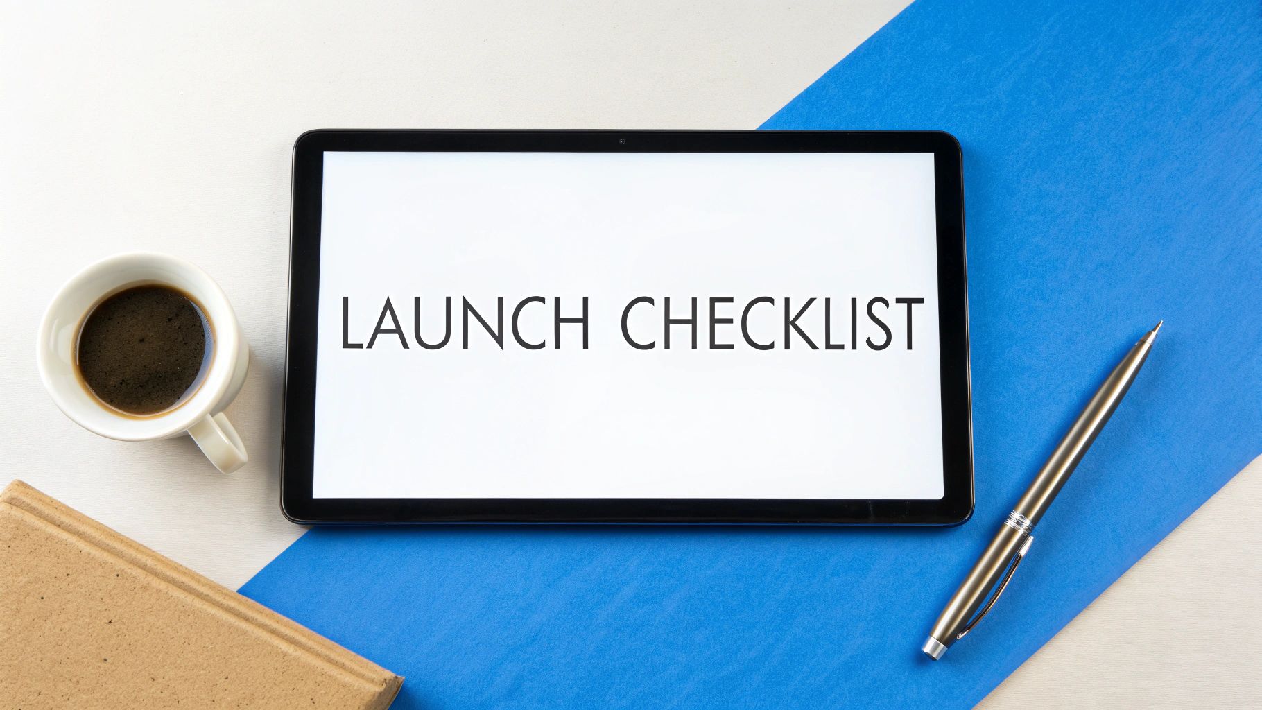 A tablet displays 'LAUNCH CHECKLIST' beside a coffee cup, pen, and a book on a split white and blue surface.