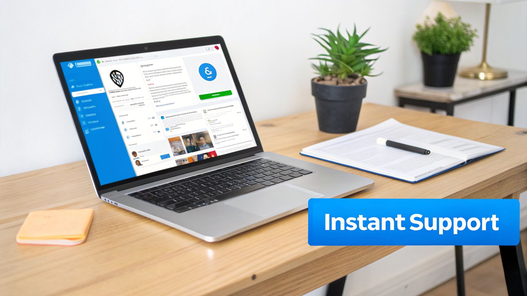 A laptop on a wooden desk displays a website with an "Instant Support" banner.