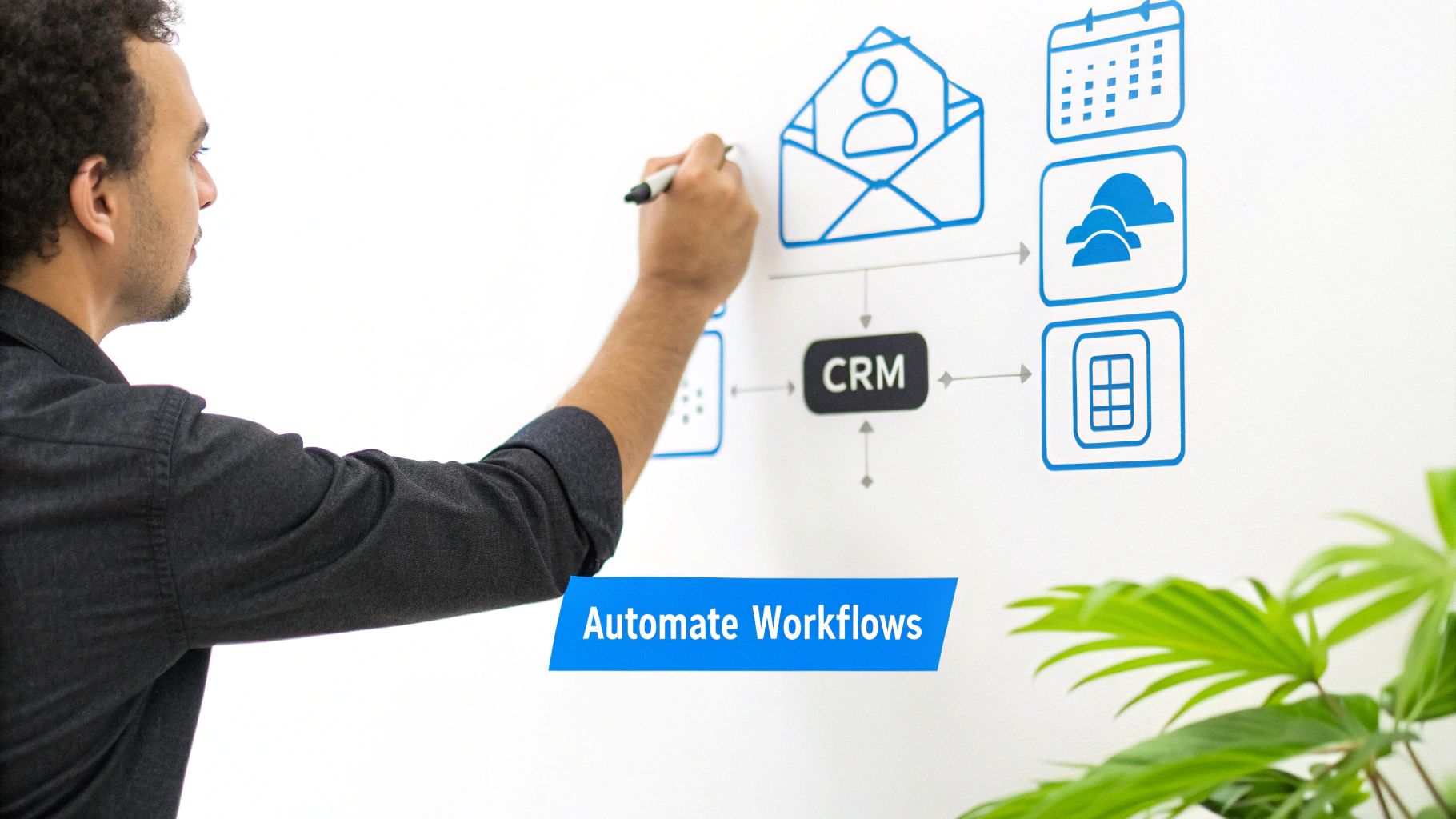 A man draws a diagram on a whiteboard showing CRM integration with various applications to automate workflows.