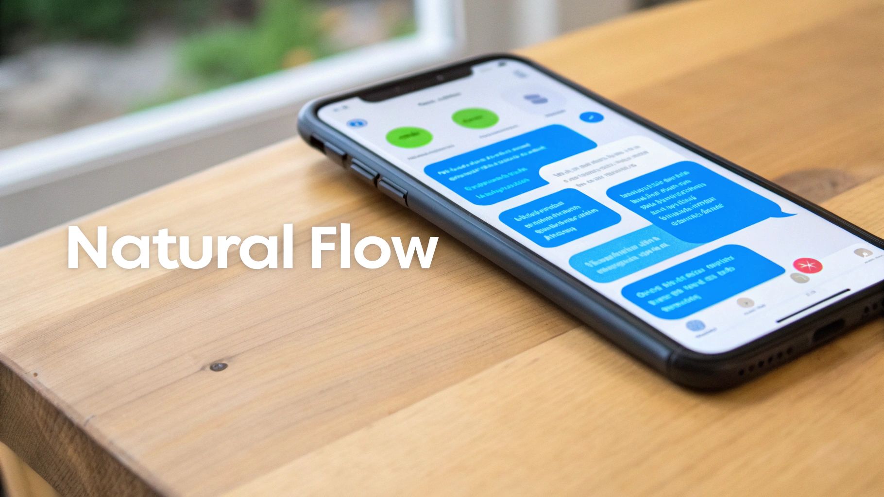 A smartphone on a wooden table displays a chat conversation with various message bubbles, overlaid with 'Natural Flow'.