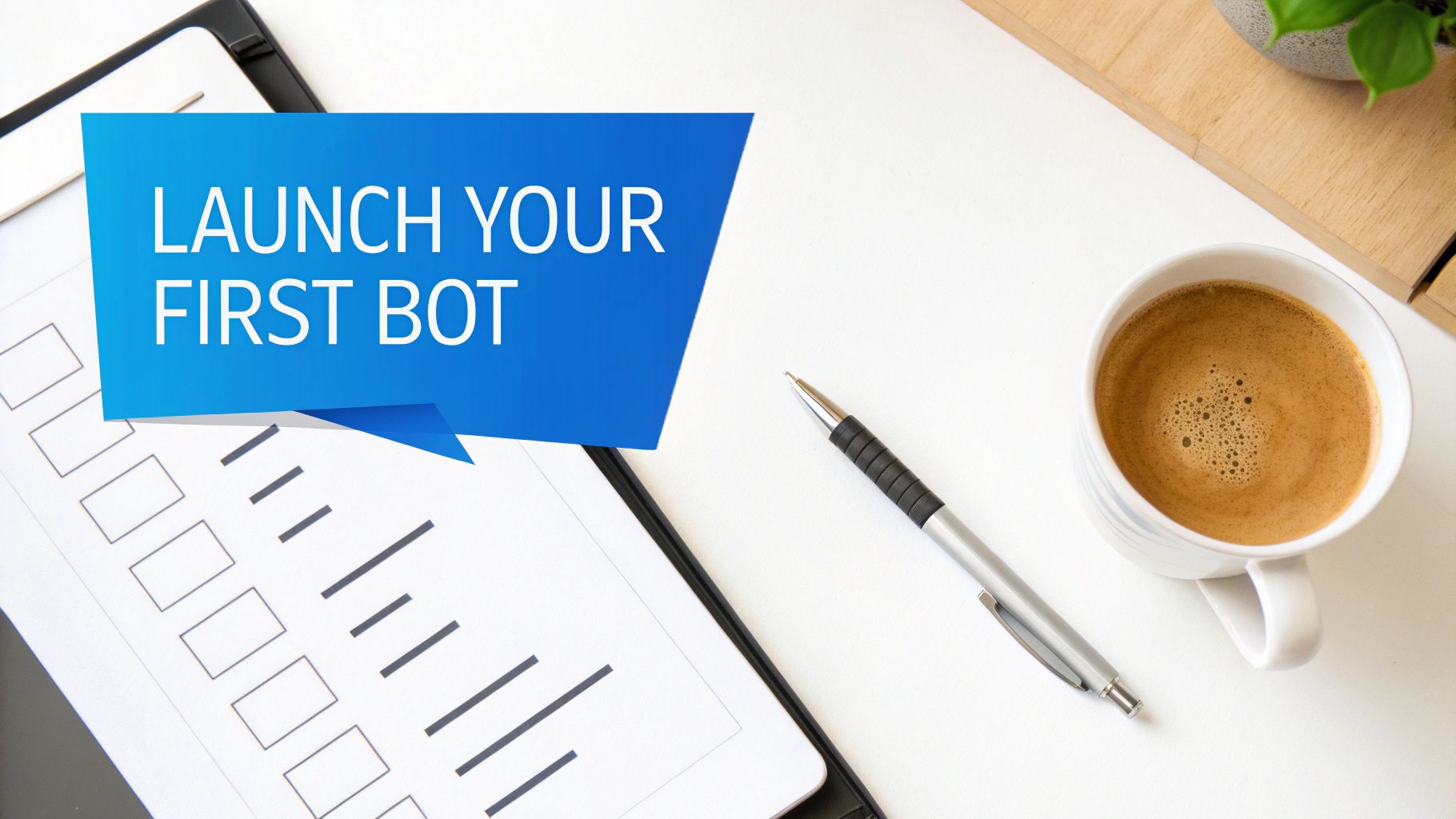 A desk with a blue speech bubble saying 'LAUNCH YOUR FIRST BOT', a checklist, pen, and coffee.
