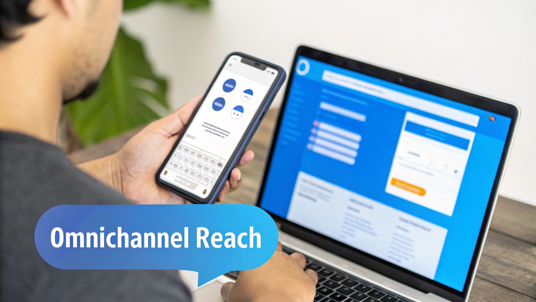 A person uses a smartphone and laptop simultaneously, displaying digital interfaces, with 'Omnichannel Reach' text overlay.