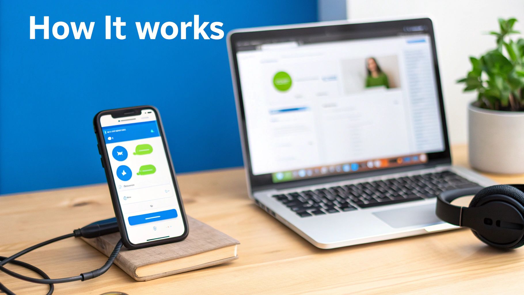 A desk with a smartphone displaying chat, a laptop showing an online meeting, and headphones.