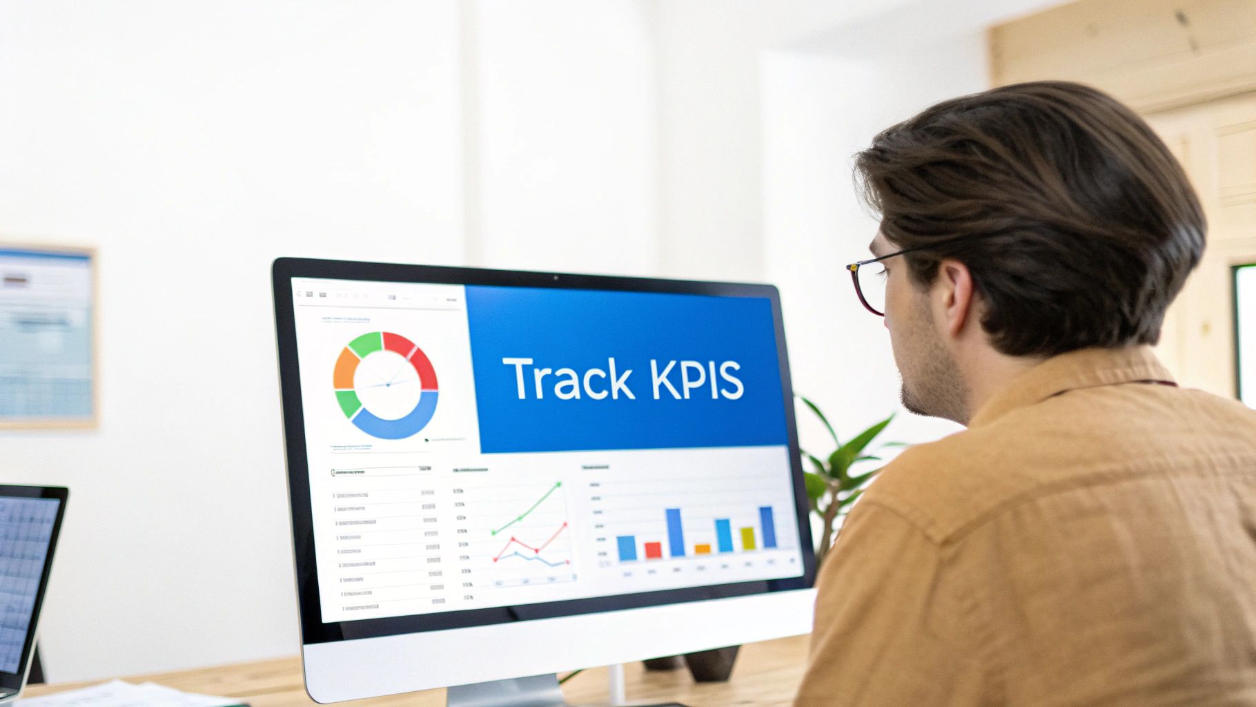 A man wearing glasses tracks business performance on a computer dashboard displaying charts and 'Track KPIs'.