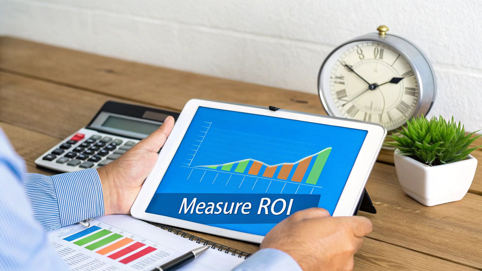 A person measures ROI on a tablet, with a calculator and financial graphs on a wooden desk.