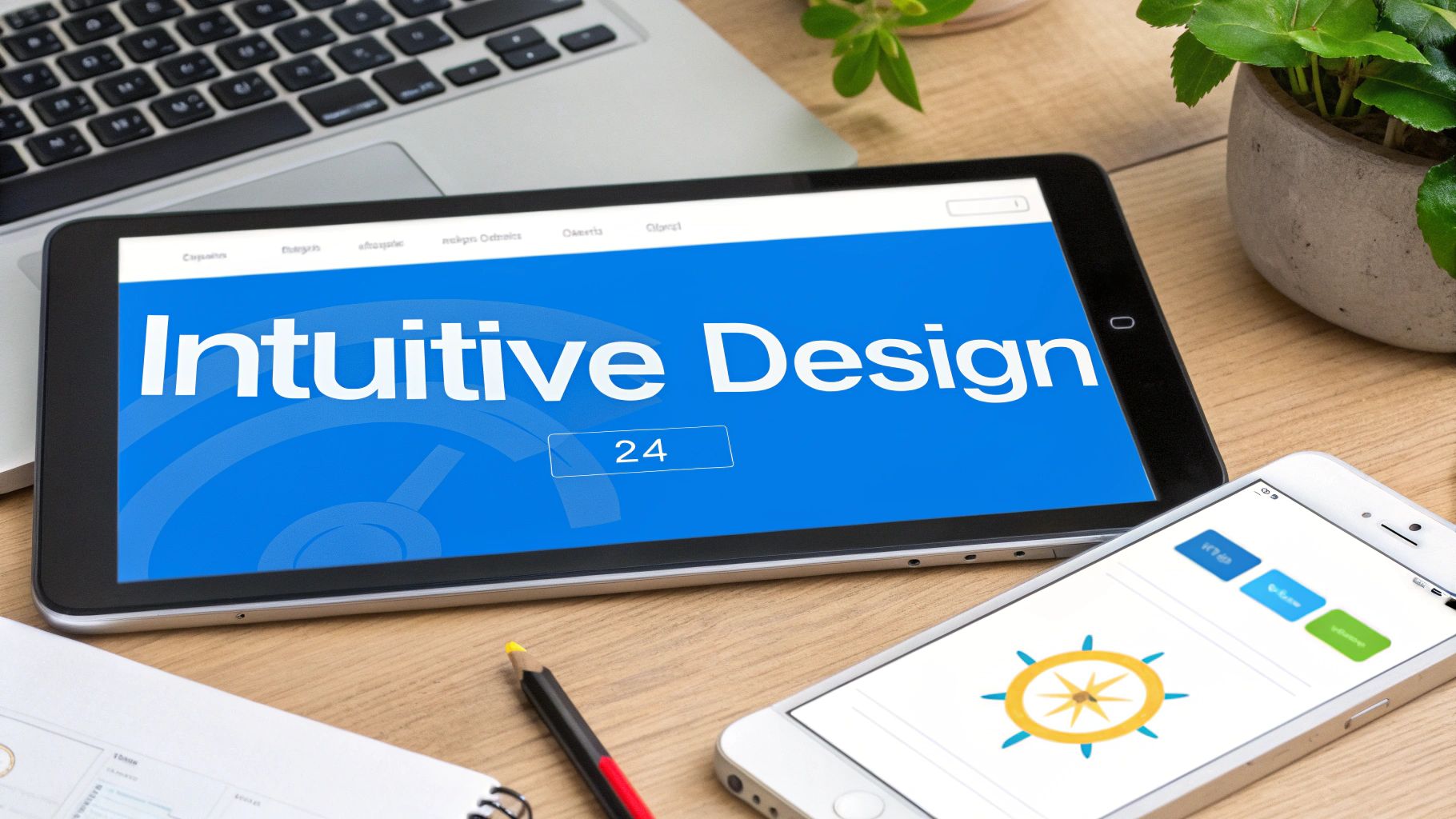 Tablet displaying 'Intuitive Design' and a smartphone on a wooden desk with a laptop.