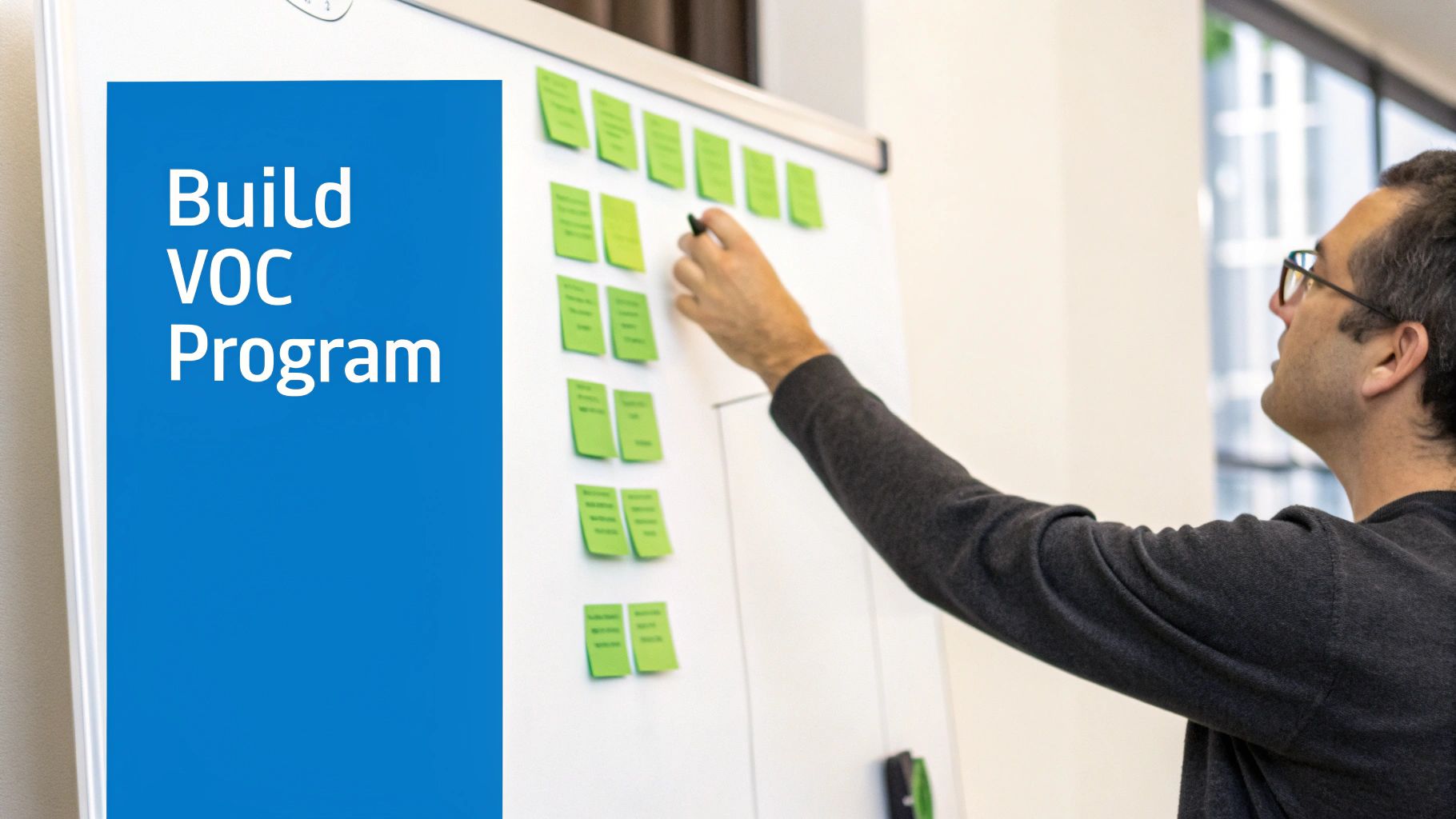Man with glasses writing on a whiteboard with green sticky notes for a VOC program.