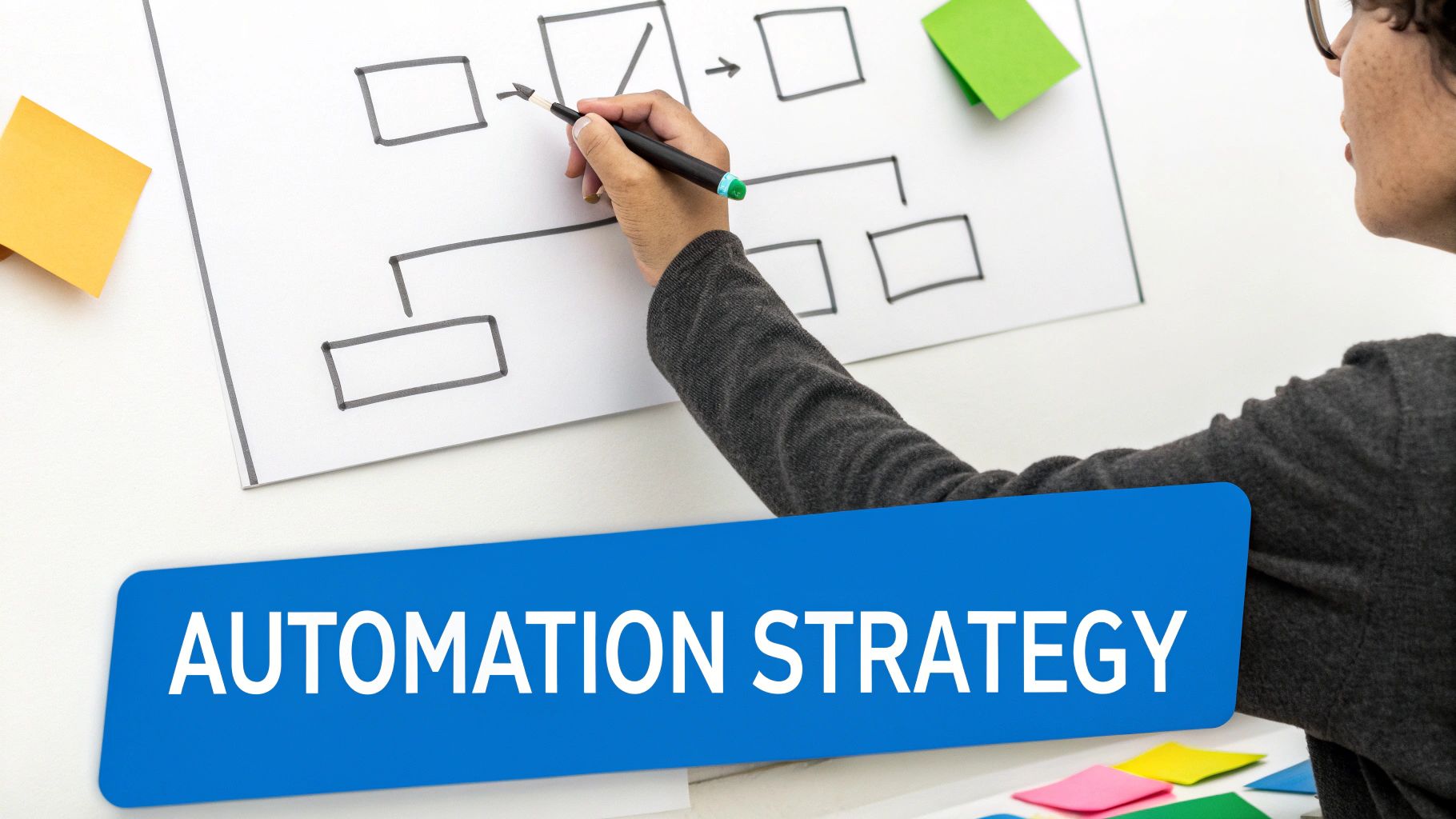 Close-up of a person's hand drawing an 'AUTOMATION STRATEGY' flowchart on a whiteboard.