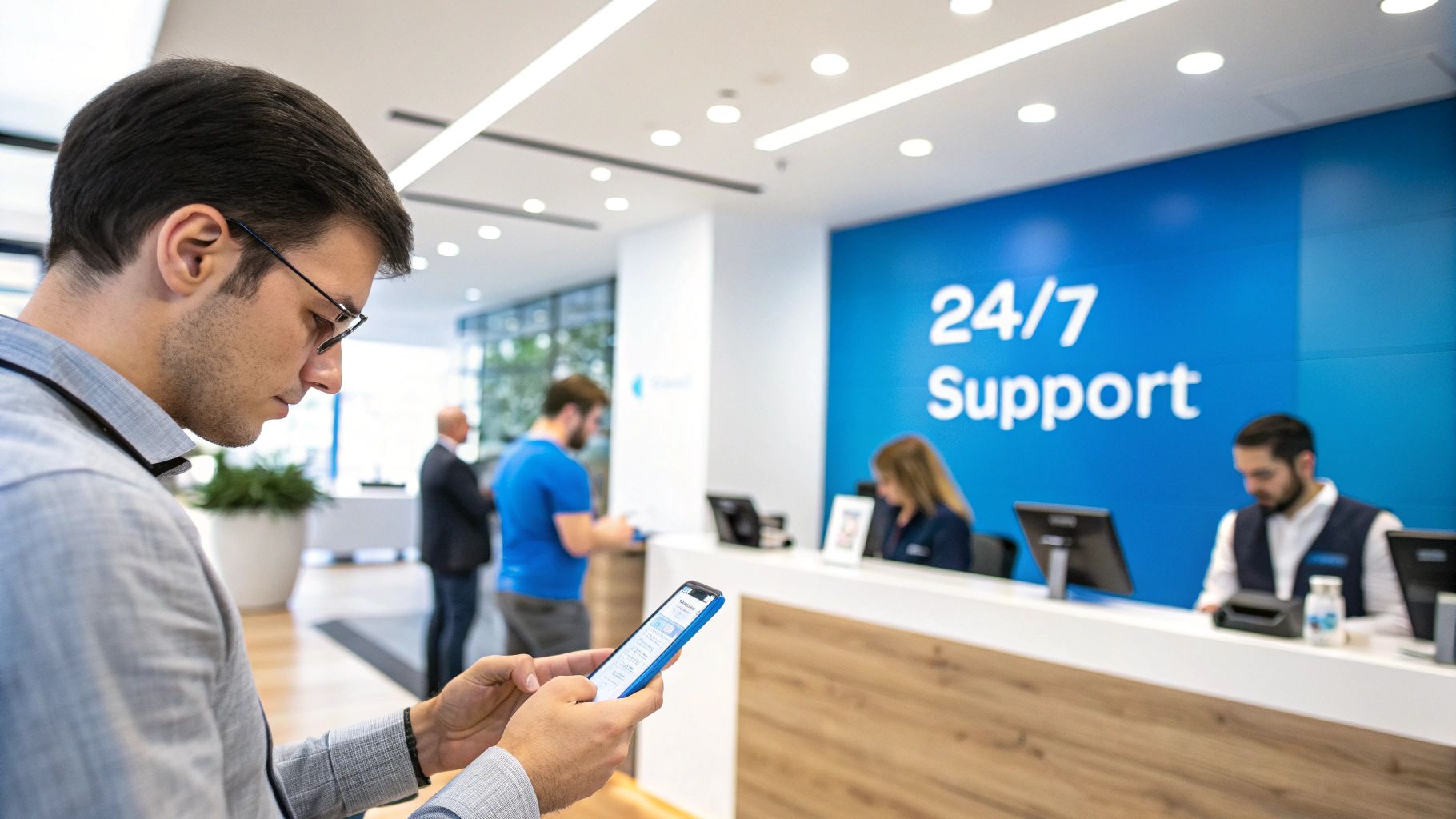 A man in glasses uses his smartphone in a modern bank lobby with a "24/7 Support" sign.