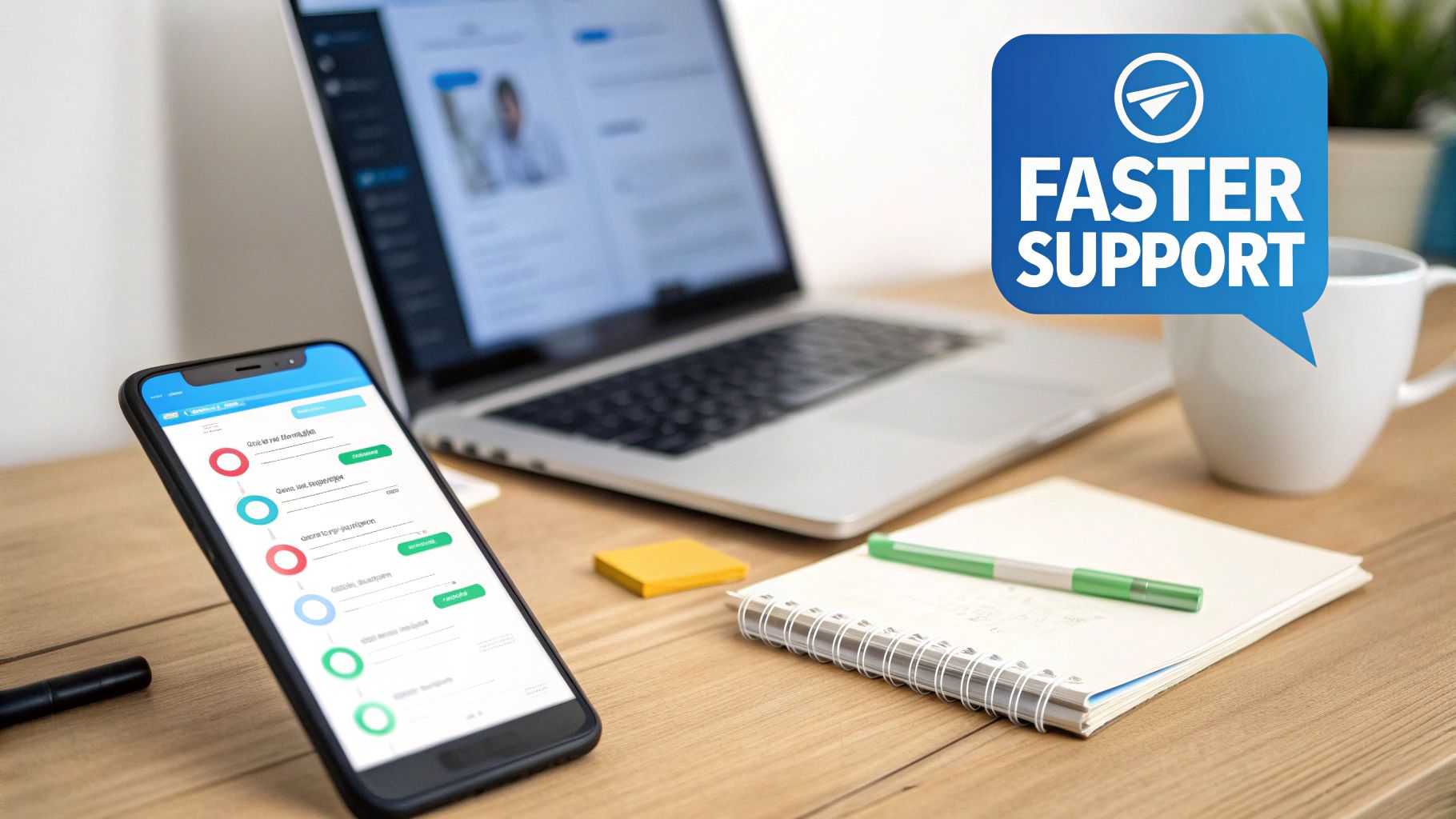 A modern desk workspace with a laptop, smartphone displaying an app, notebook, and 'Faster Support' graphic.