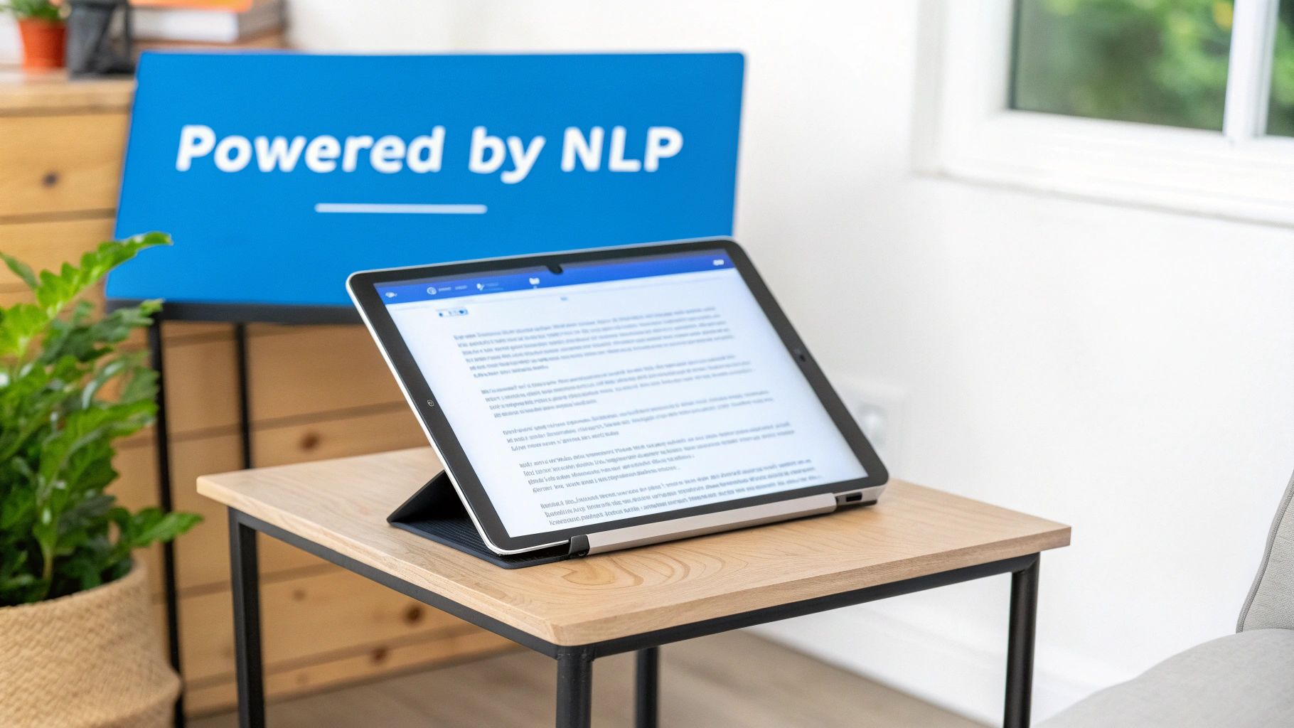 A tablet displaying text on a wooden table, with a 'Powered by NLP' sign in the background.