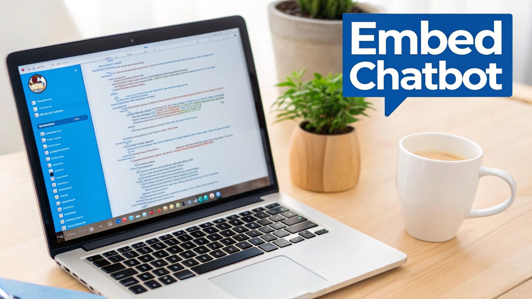 A laptop screen showing chatbot code, with a coffee cup and plants on a wooden desk.